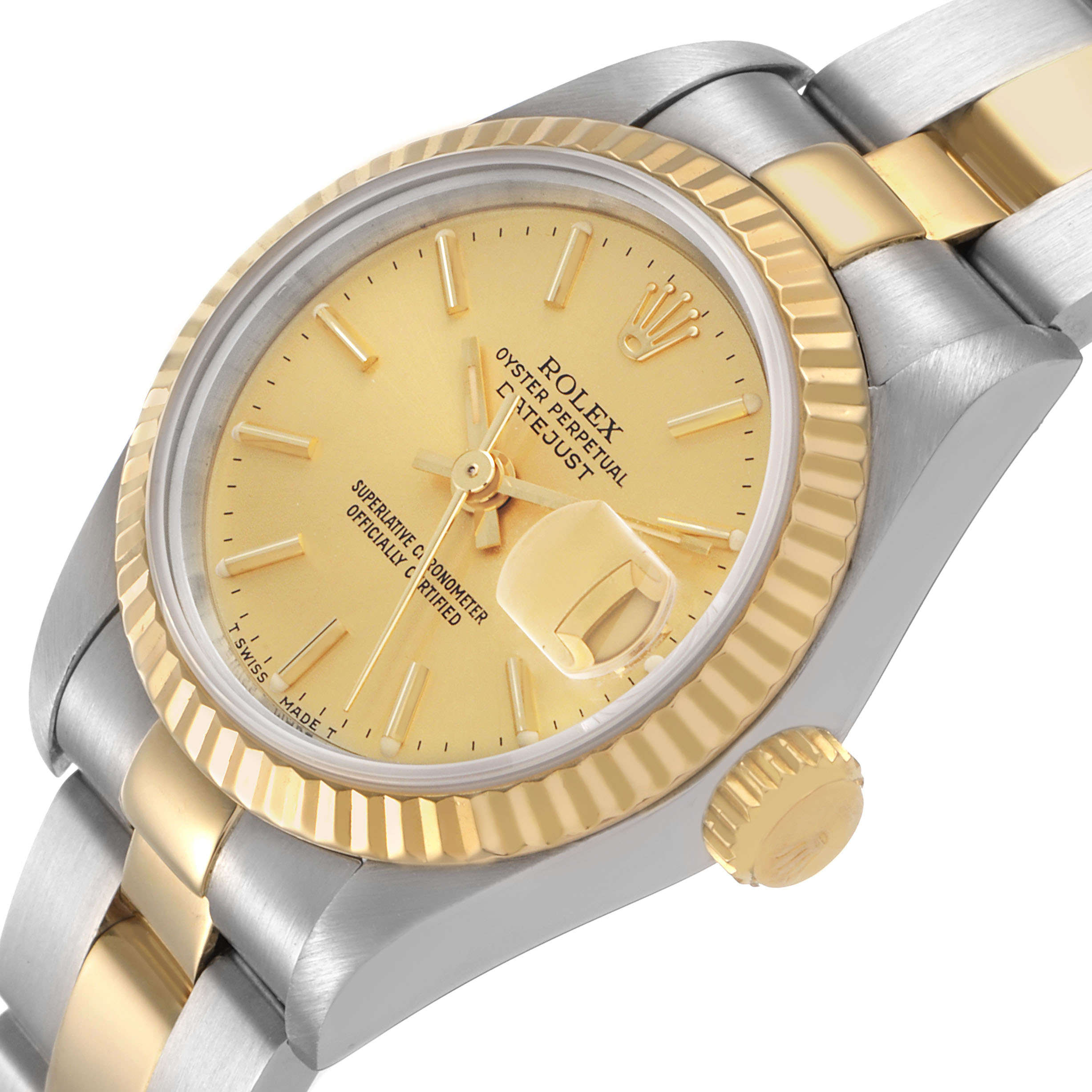 The Rolex Datejust 69173 Women's Steel and Gold (two tone) Champagne Dial watch is shown at an oblique angle, featuring the dial, bezel, crown, and part of the bracelet.