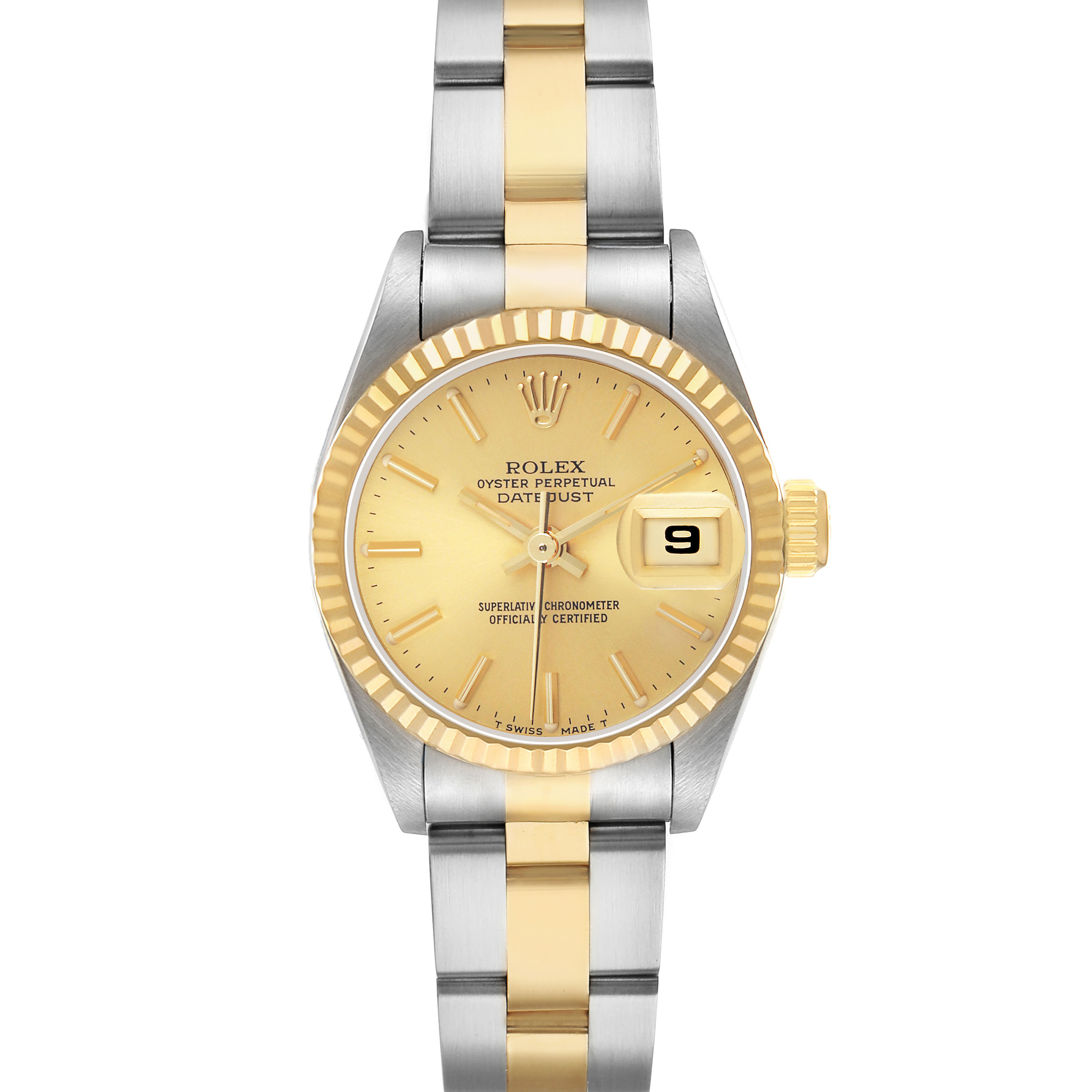 The Rolex Datejust 69173 Women's Steel and Gold (two tone) Champagne Dial is shown from a top view, displaying the dial, bezel, and part of the bracelet.
