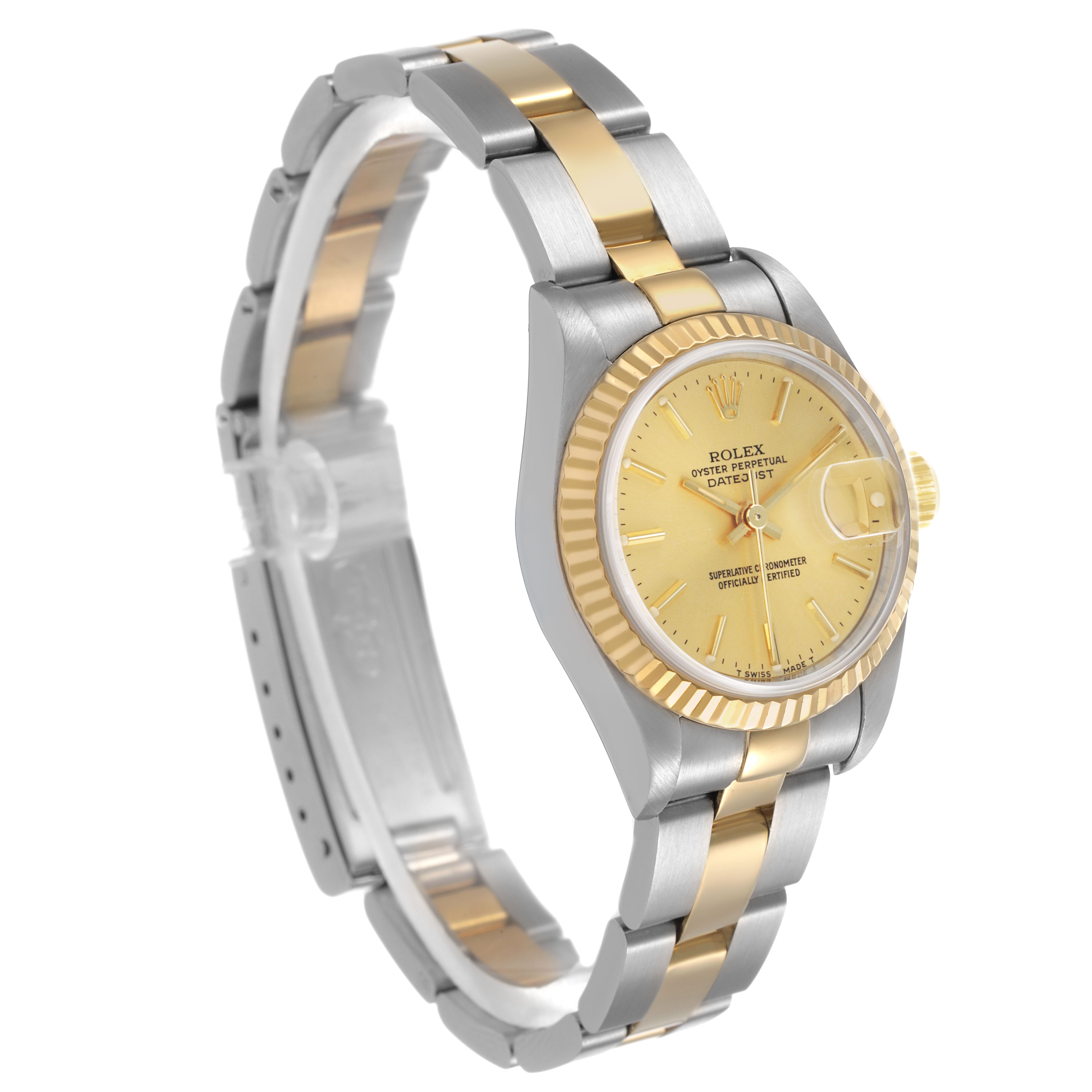The Rolex Datejust 69173 Women's Steel and Gold (two tone) Champagne Dial watch is shown at a three-quarter angle, displaying its dial, fluted bezel, and two-tone bracelet.