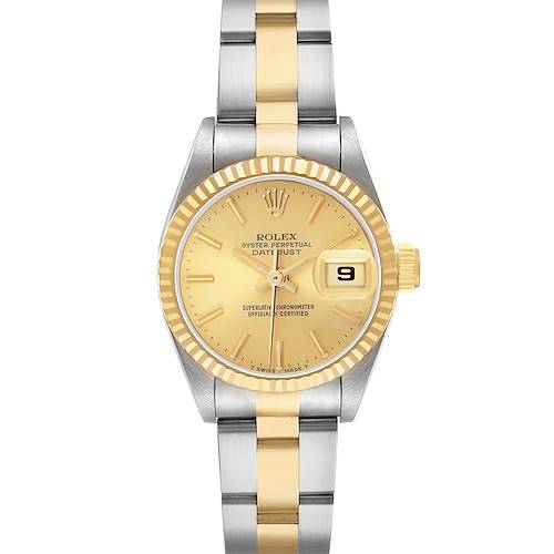 The Rolex Datejust 69173 Women's Steel and Gold (two tone) Champagne Dial watch is shown from a front angle, displaying its dial, bezel, and two-tone bracelet.