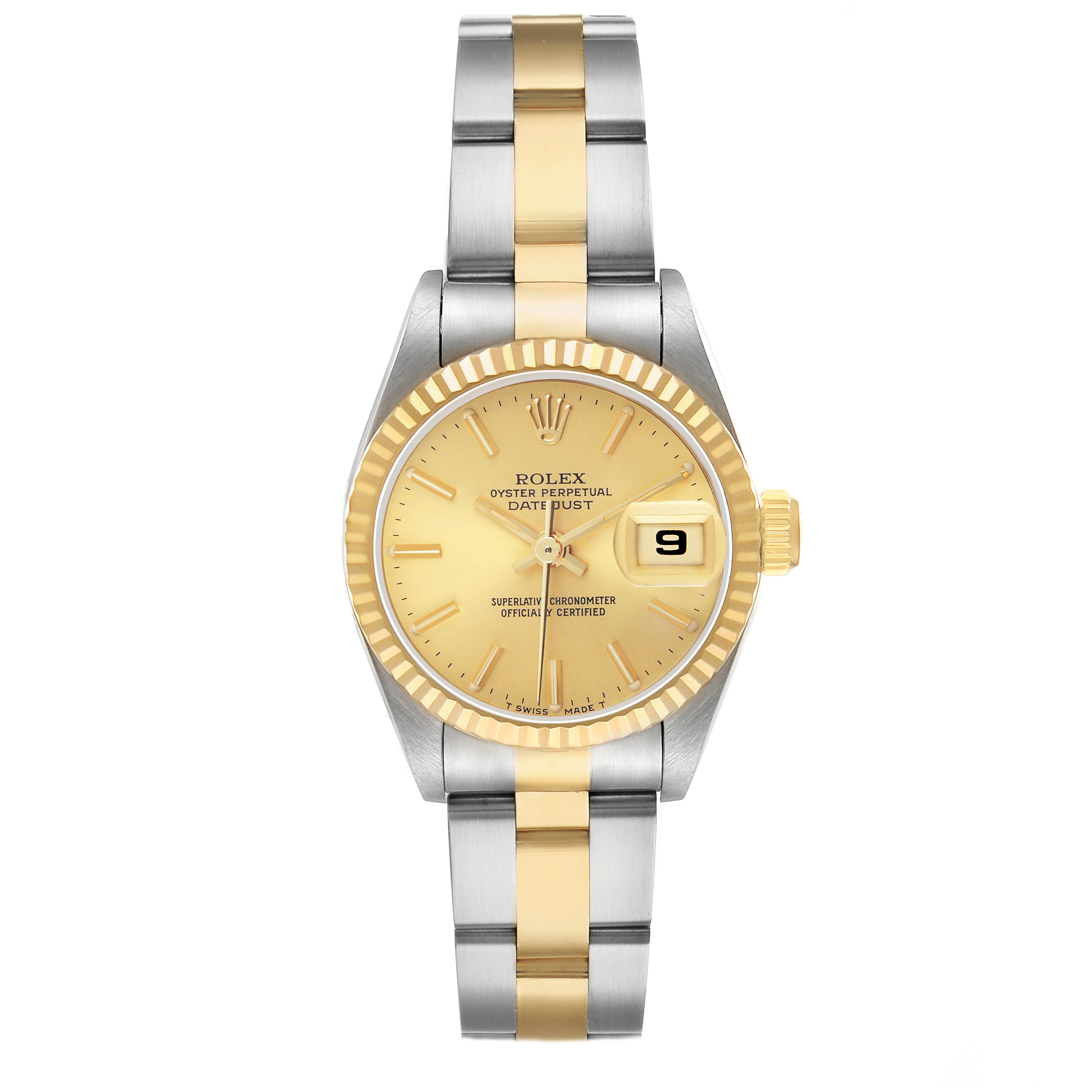 The Rolex Datejust 69173 Women's Steel and Gold (two tone) Champagne Dial is shown from a top-down angle, displaying its gold dial, date window, fluted bezel, and two-tone bracelet.