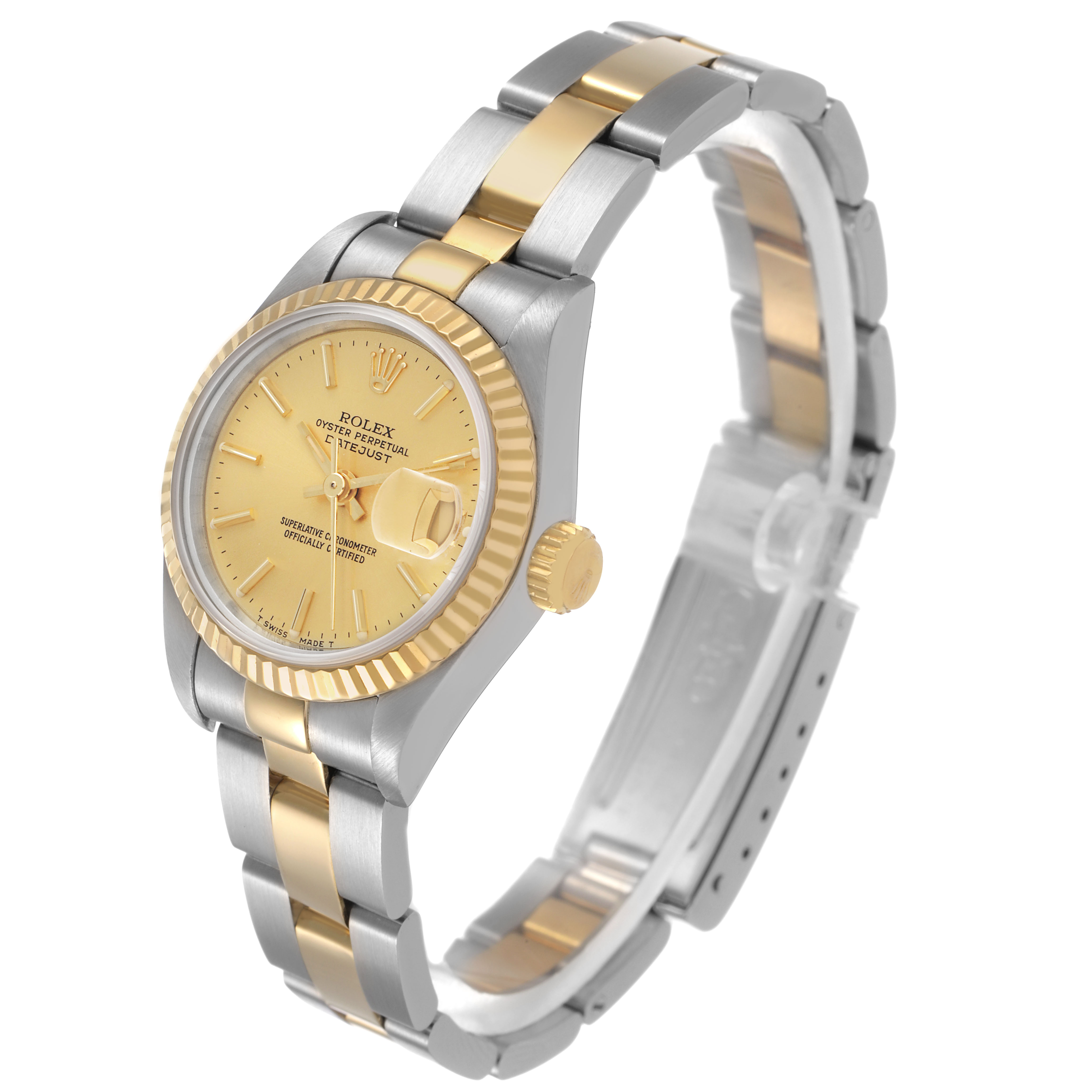The Rolex Datejust 69173 Women's Steel and Gold (two tone) Champagne Dial watch is shown at a three-quarter angle, highlighting its dial, bezel, crown, and bracelet.
