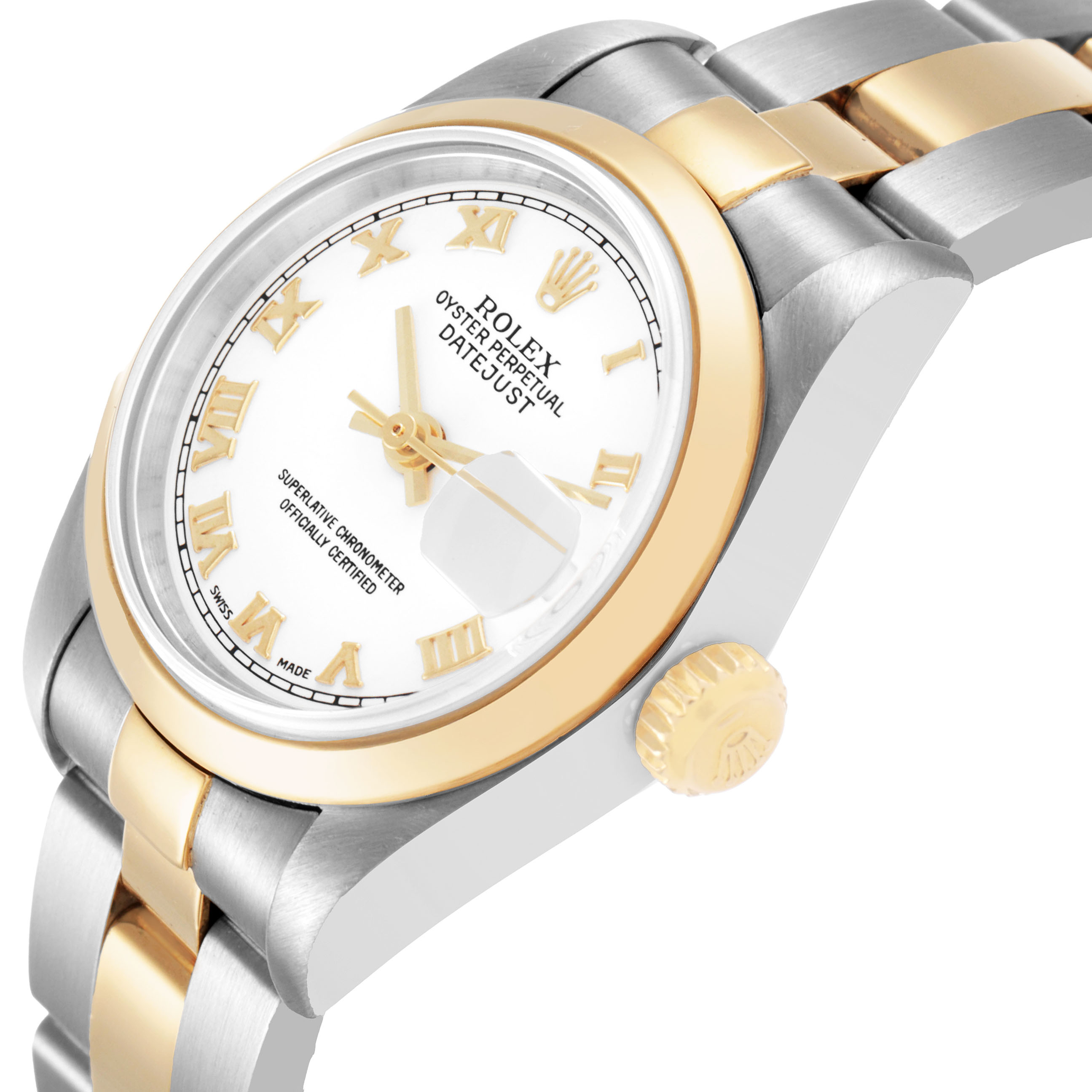 The Rolex Datejust 79163 Women's Steel and Gold (two tone) White Dial watch is shown at an angled side view, highlighting the case, bezel, dial, and bracelet.