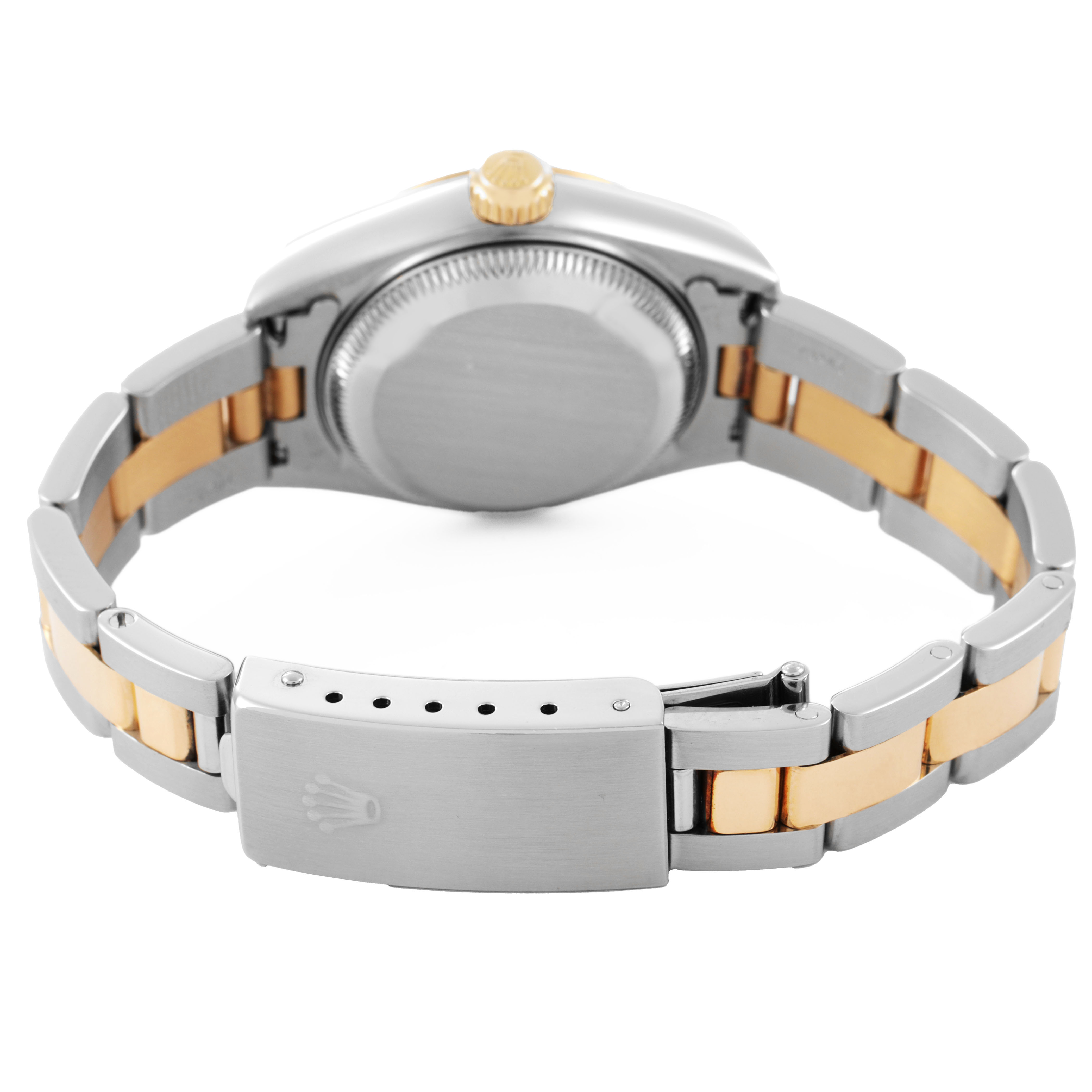 The image shows the back view of a Rolex Datejust 79163 Women's Steel and Gold (two tone) White Dial watch highlighting the case, crown, and two-tone bracelet.