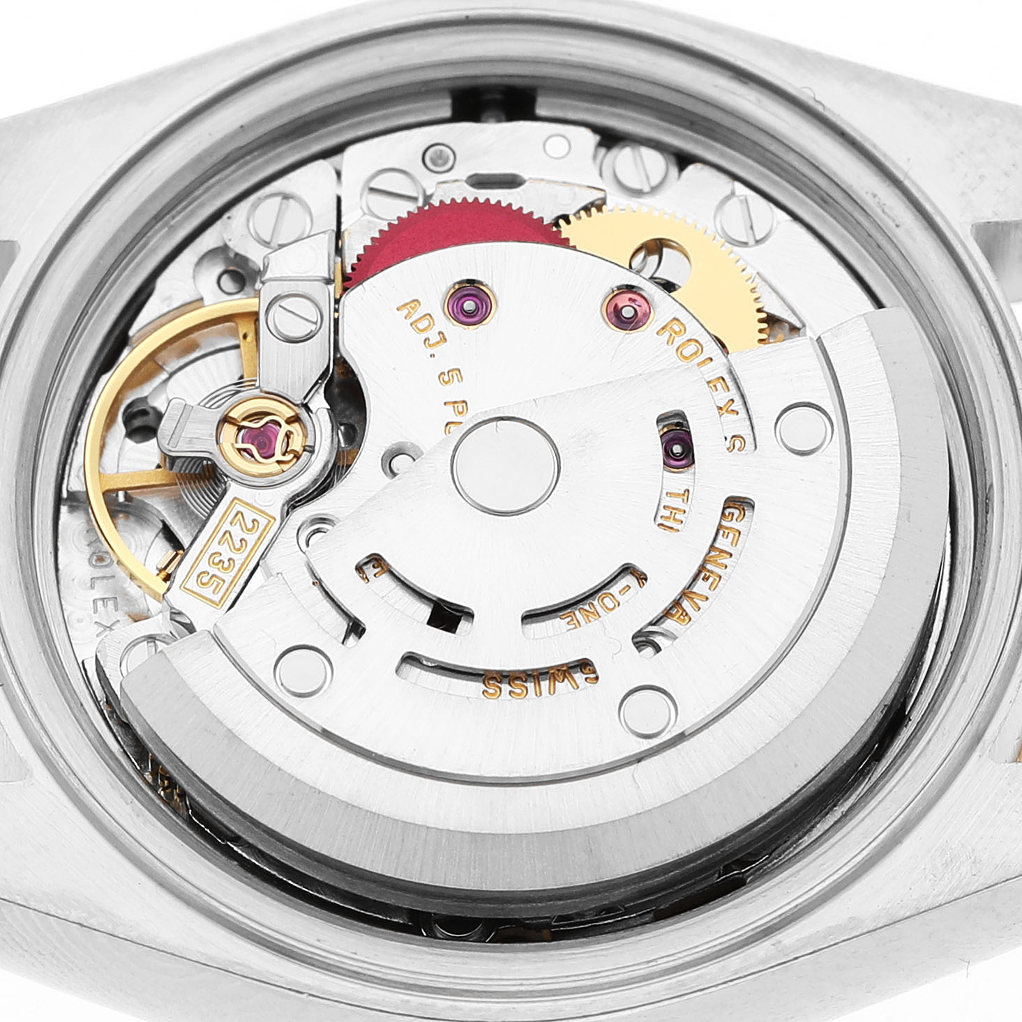 The image shows the open caseback of a Rolex Datejust 79163 Women's Steel and Gold (two tone) White Dial, highlighting its intricate movement and internal components.