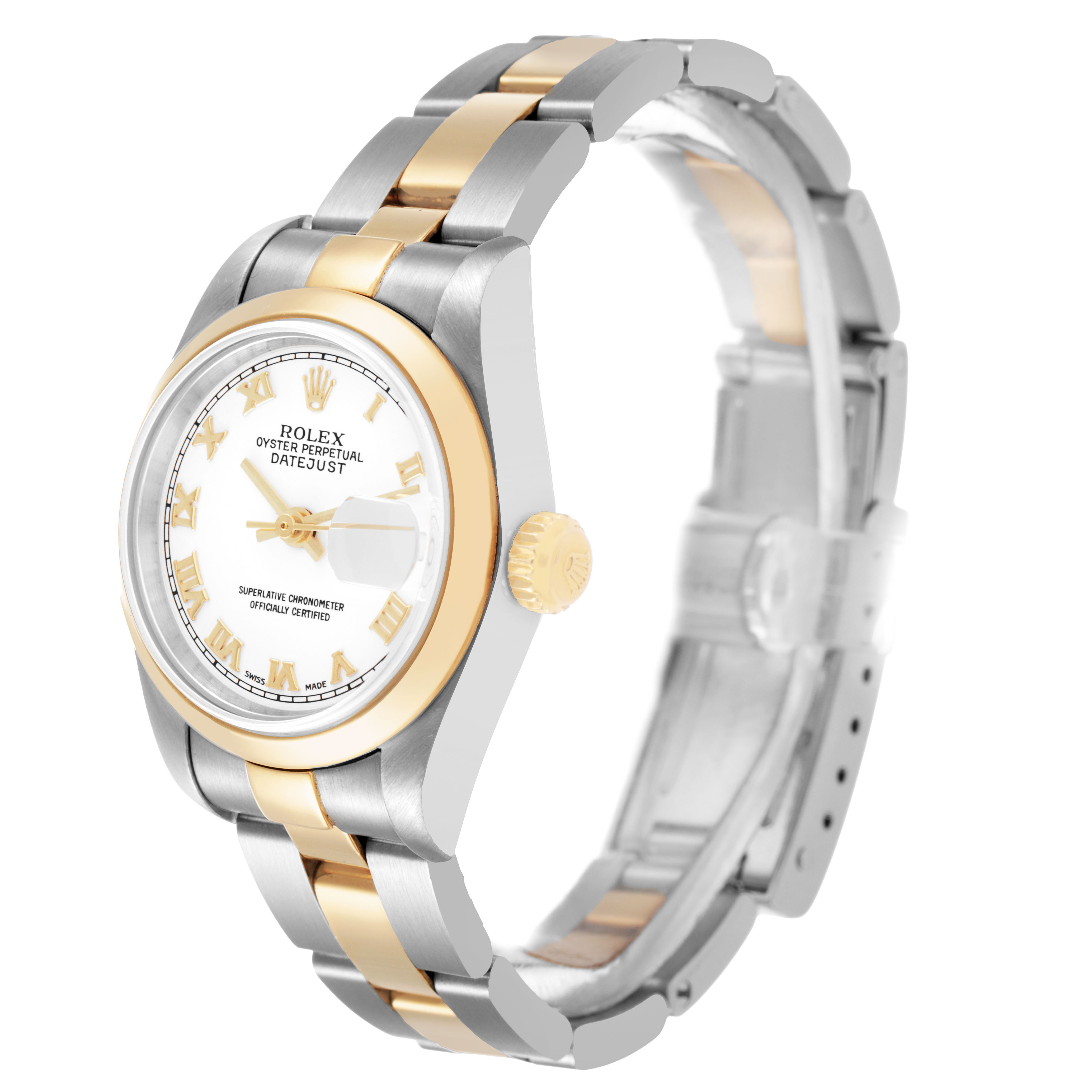 The Rolex Datejust 79163 Women's Steel and Gold (two tone) White Dial watch is shown at a side angle, highlighting the bracelet, bezel, crown, and dial.