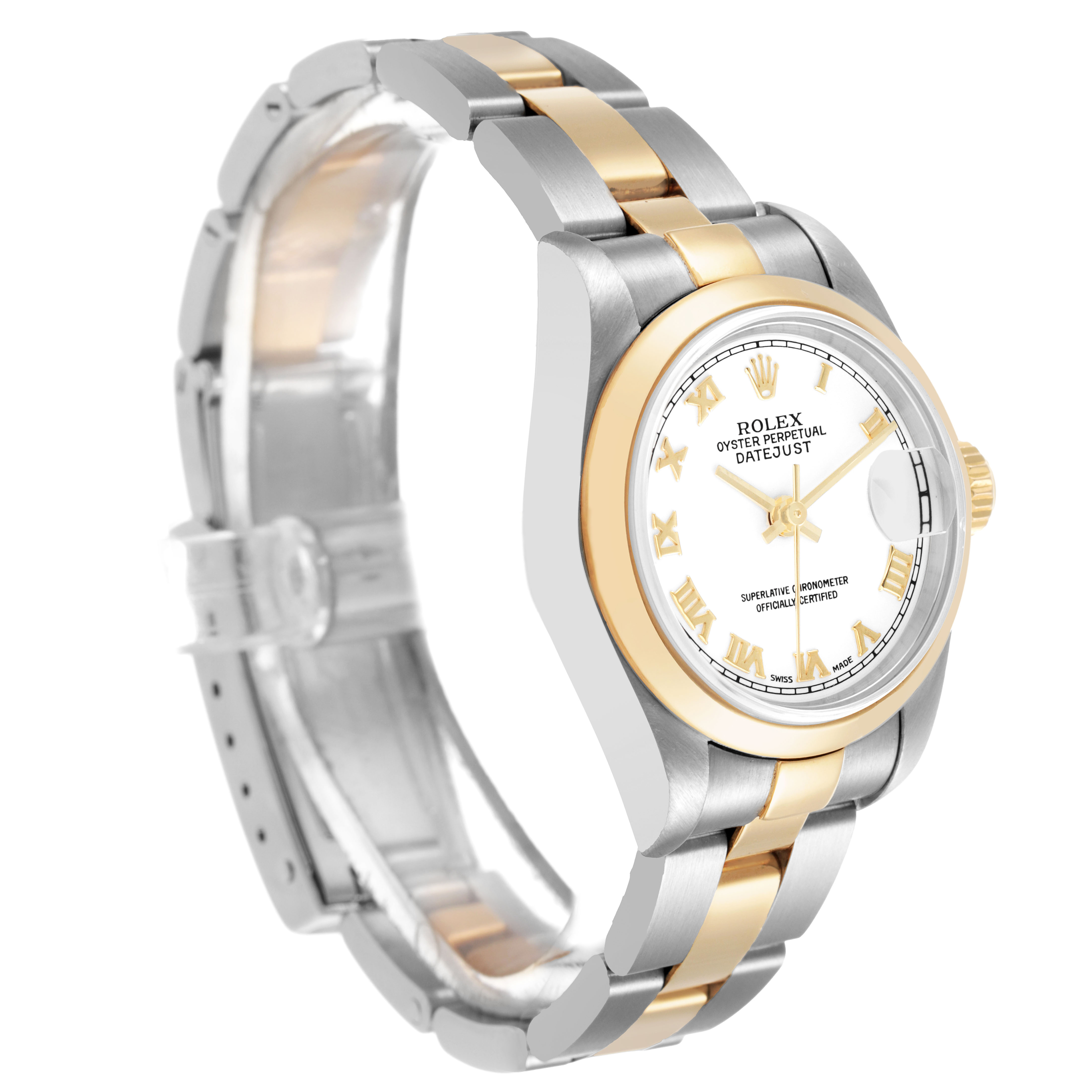 The Rolex Datejust 79163 Women's Steel and Gold (two tone) White Dial watch is shown at an angle highlighting the bezel, dial, and bracelet.