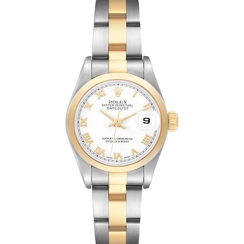 The Rolex Datejust 79163 Women's Steel and Gold (two tone) White Dial watch is shown from a top-down angle, highlighting the dial, bezel, and bracelet.