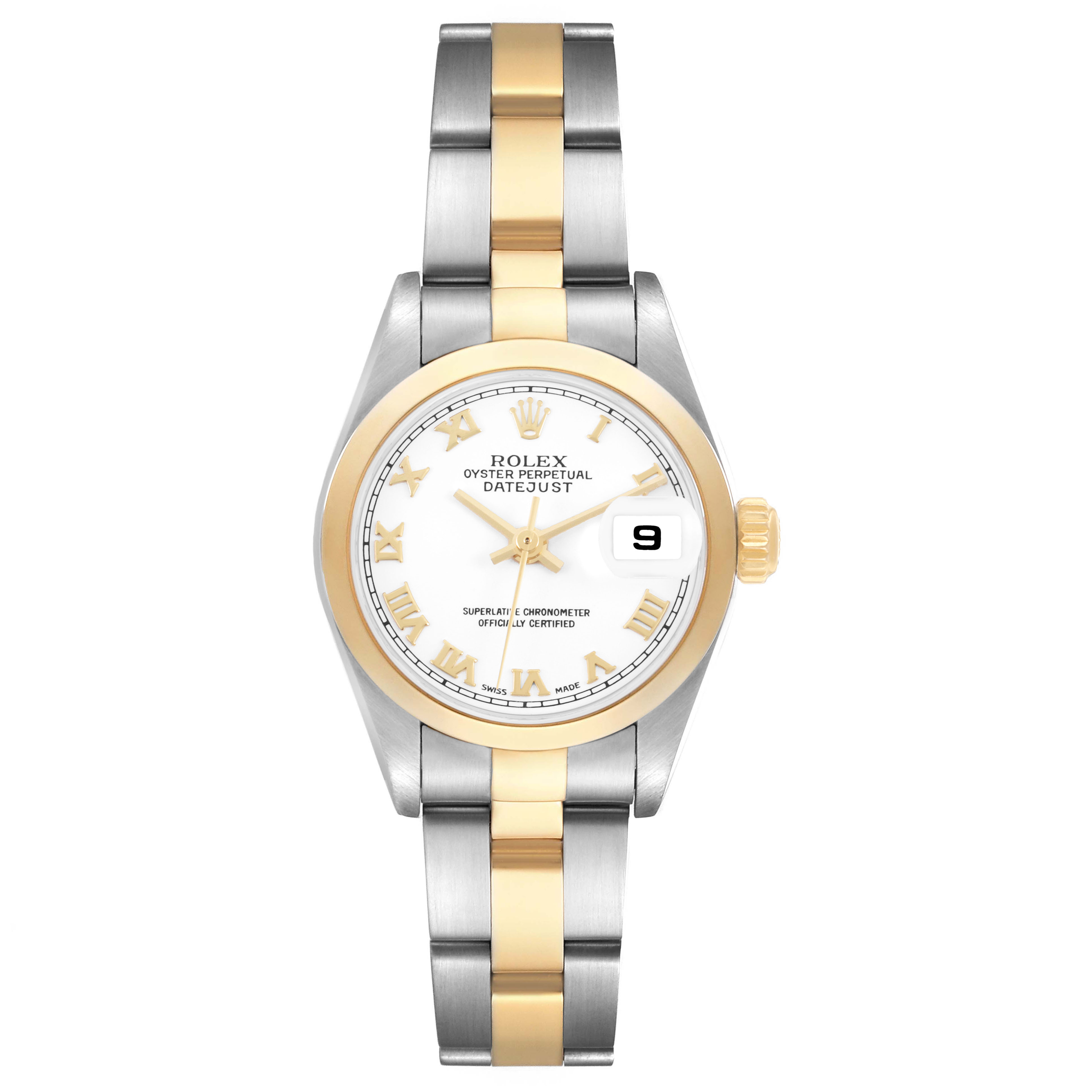 The Rolex Datejust 79163 Women's Steel and Gold (two tone) White Dial watch is shown from a top-down angle, displaying its face, bezel, and bracelet.