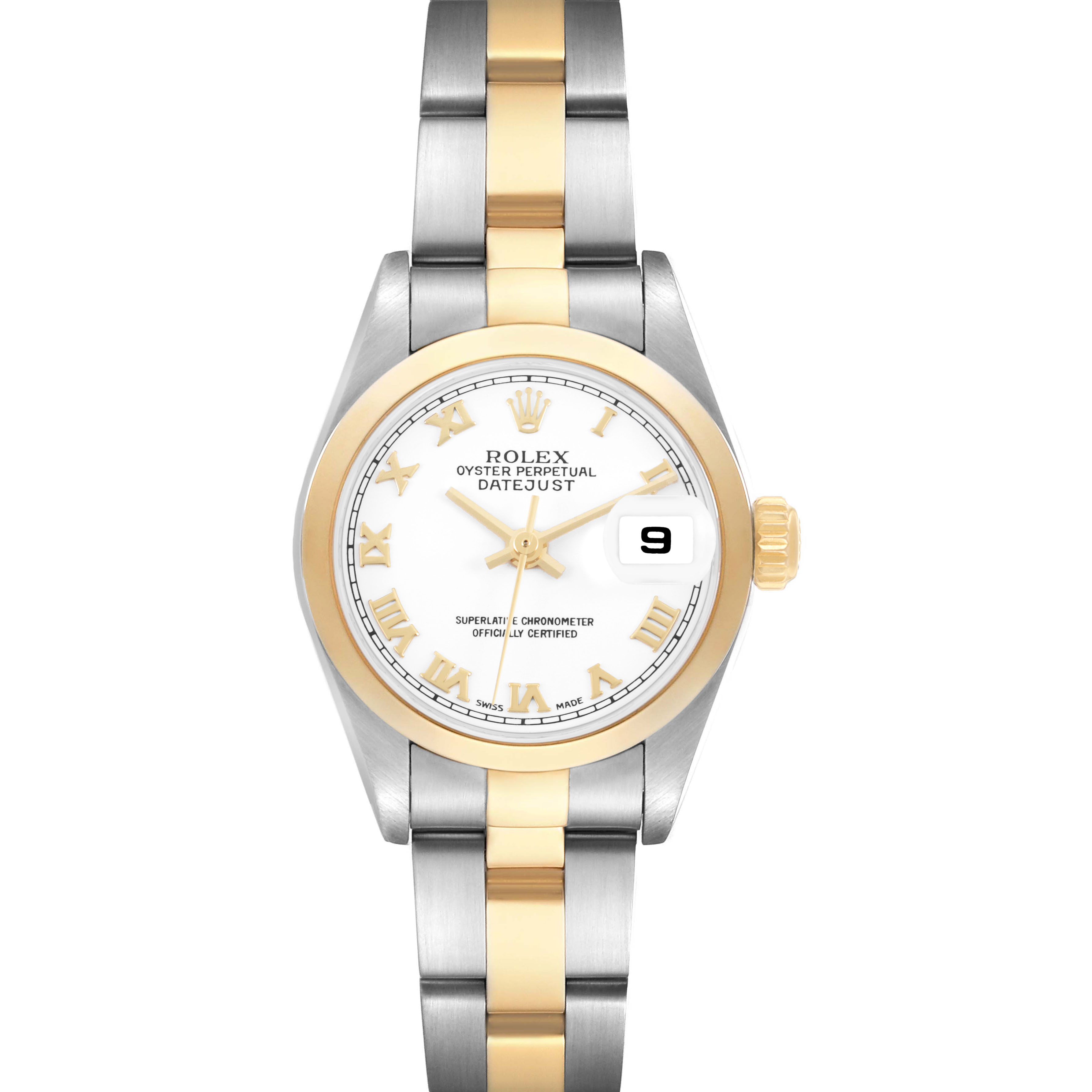 The Rolex Datejust 79163 Women's Steel and Gold (two tone) White Dial watch is shown from a top-down angle, highlighting its face, bezel, bracelet, and crown.