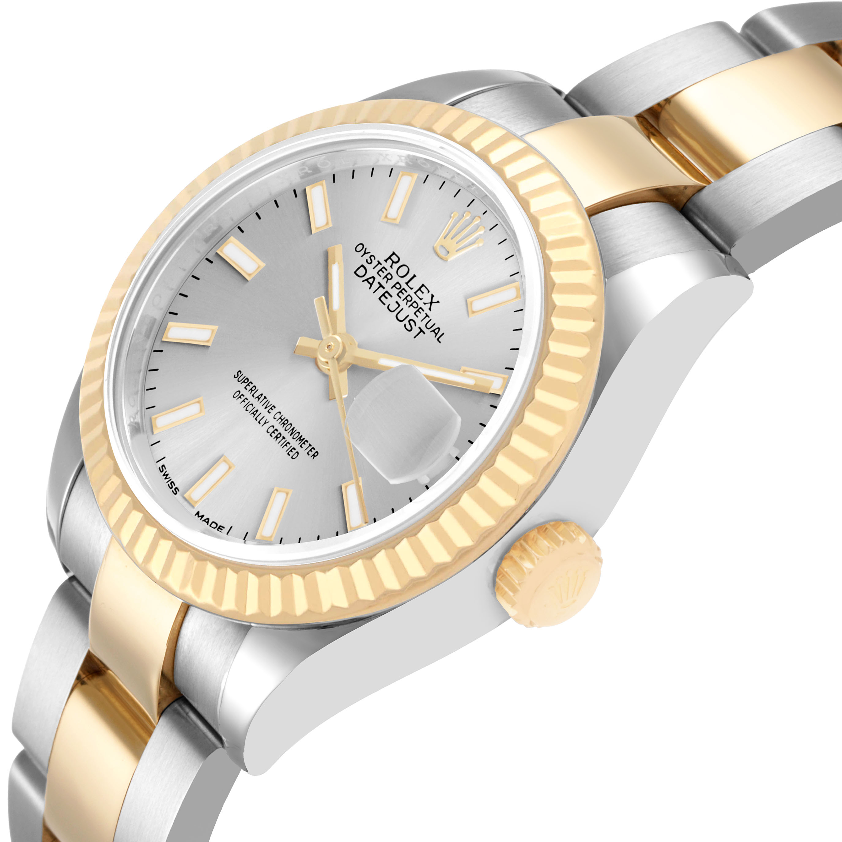 The Rolex Datejust 279173 Women's Steel and Gold (two tone) Silver Dial watch is shown at an angled side view highlighting the two-tone bracelet, fluted bezel, and crown.