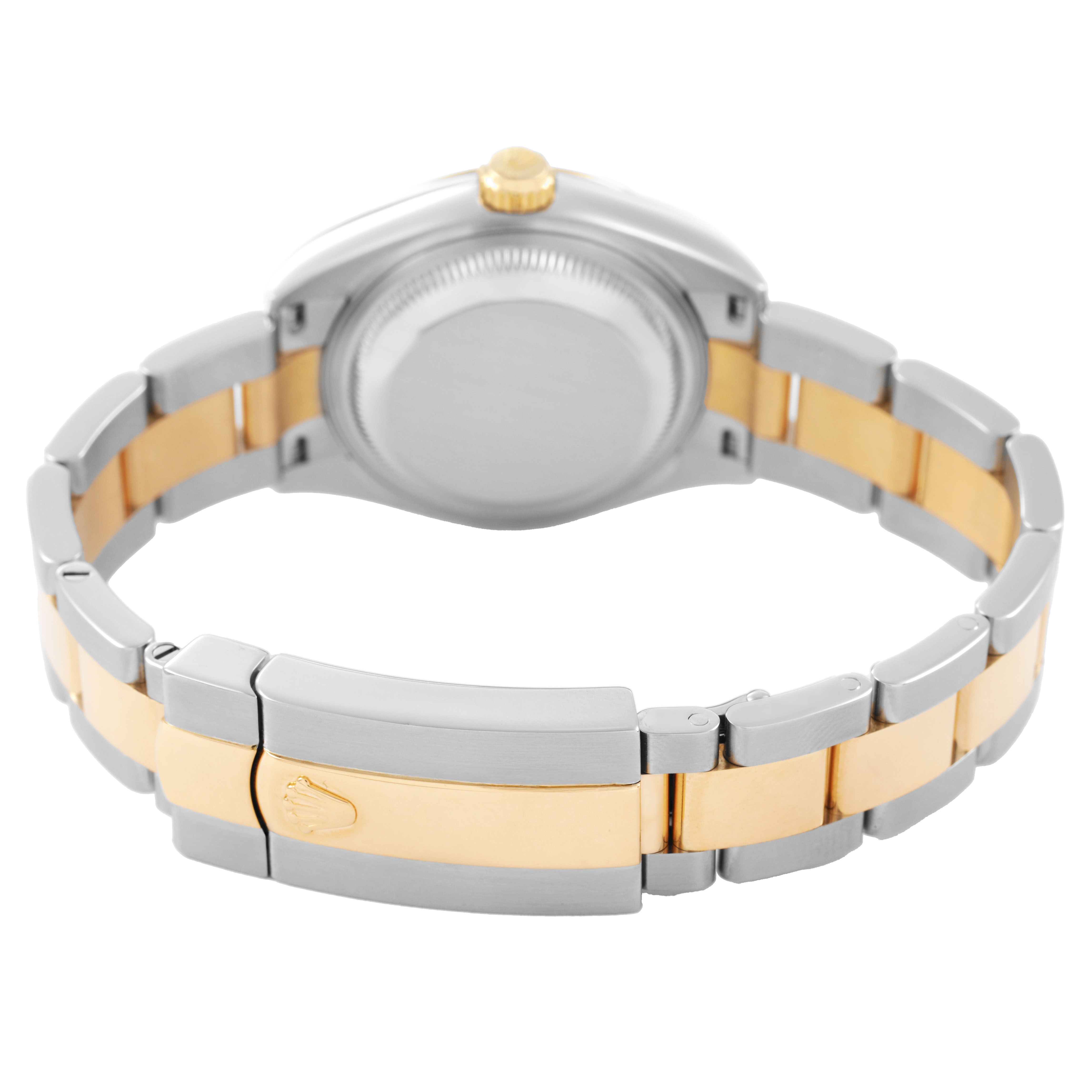 The image shows the back case and bracelet of a Rolex Datejust 279173 Women's Steel and Gold (two tone) Silver Dial, highlighting the two-tone design and clasp from a rear angle.