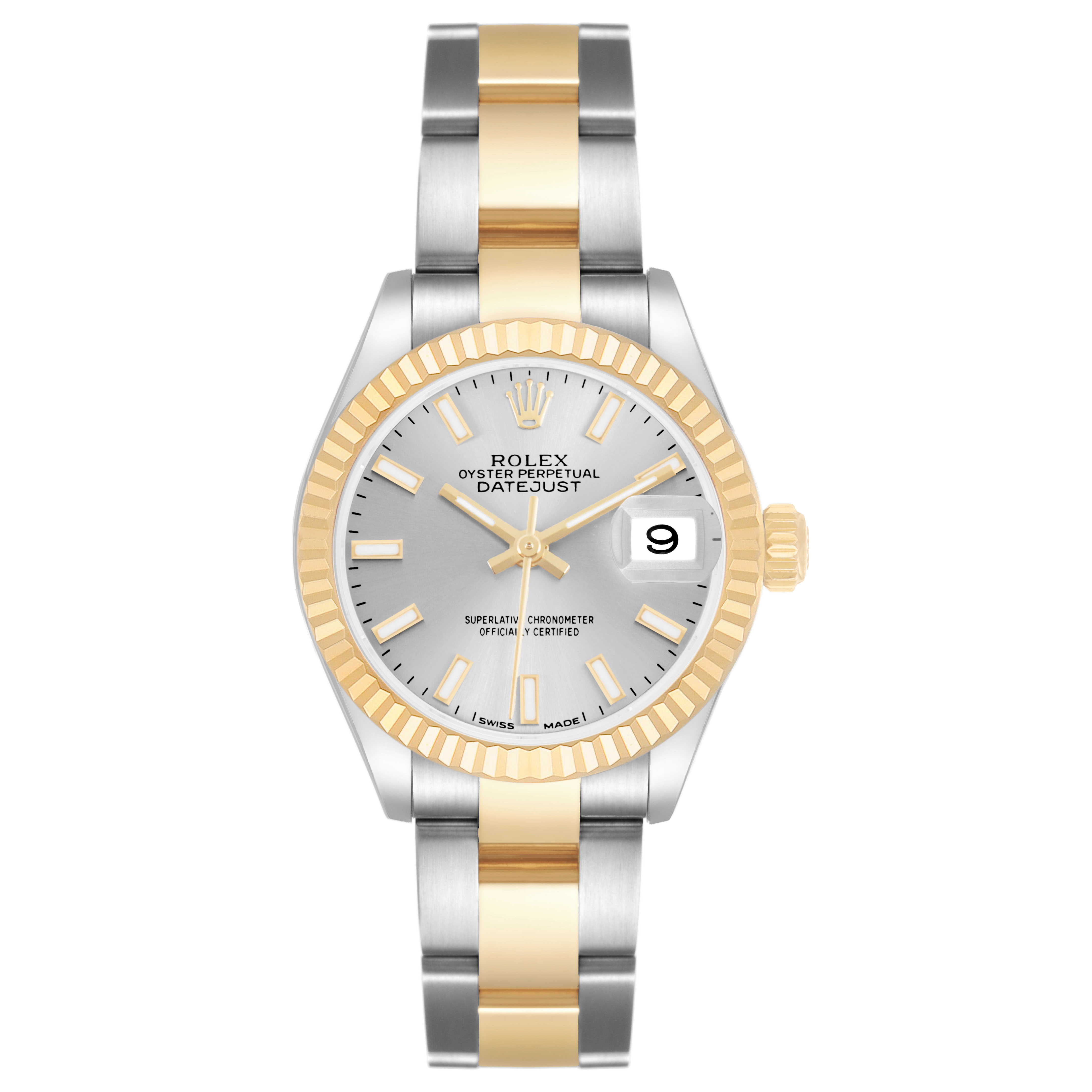 The Rolex Datejust 279173 Women's Steel and Gold (two tone) Silver Dial watch is shown from the front, featuring the dial, bezel, case, and bracelet.