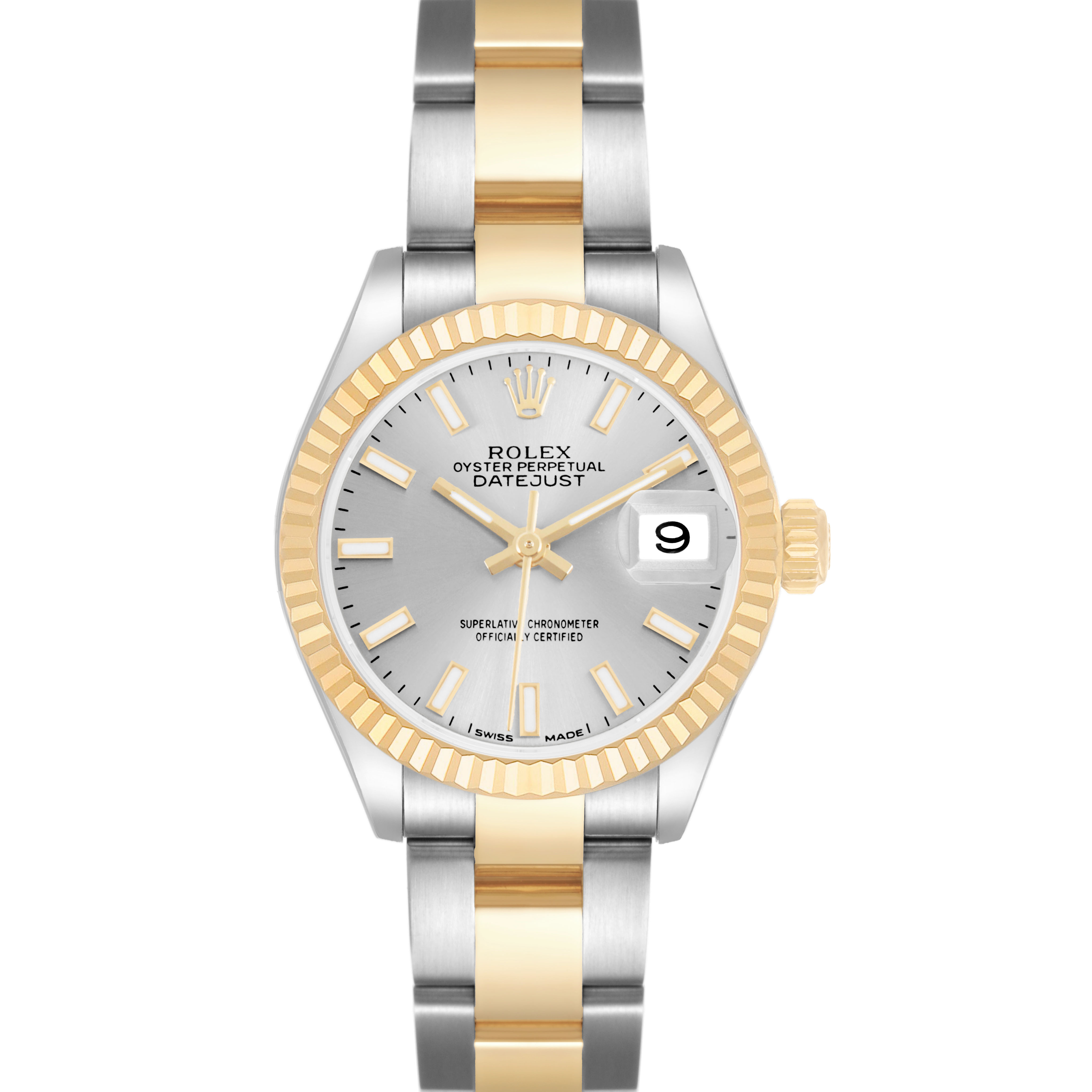 The Rolex Datejust 279173 Women's Steel and Gold (two tone) Silver Dial watch is shown from the front angle, highlighting the dial, bezel, hands, and two-tone bracelet.