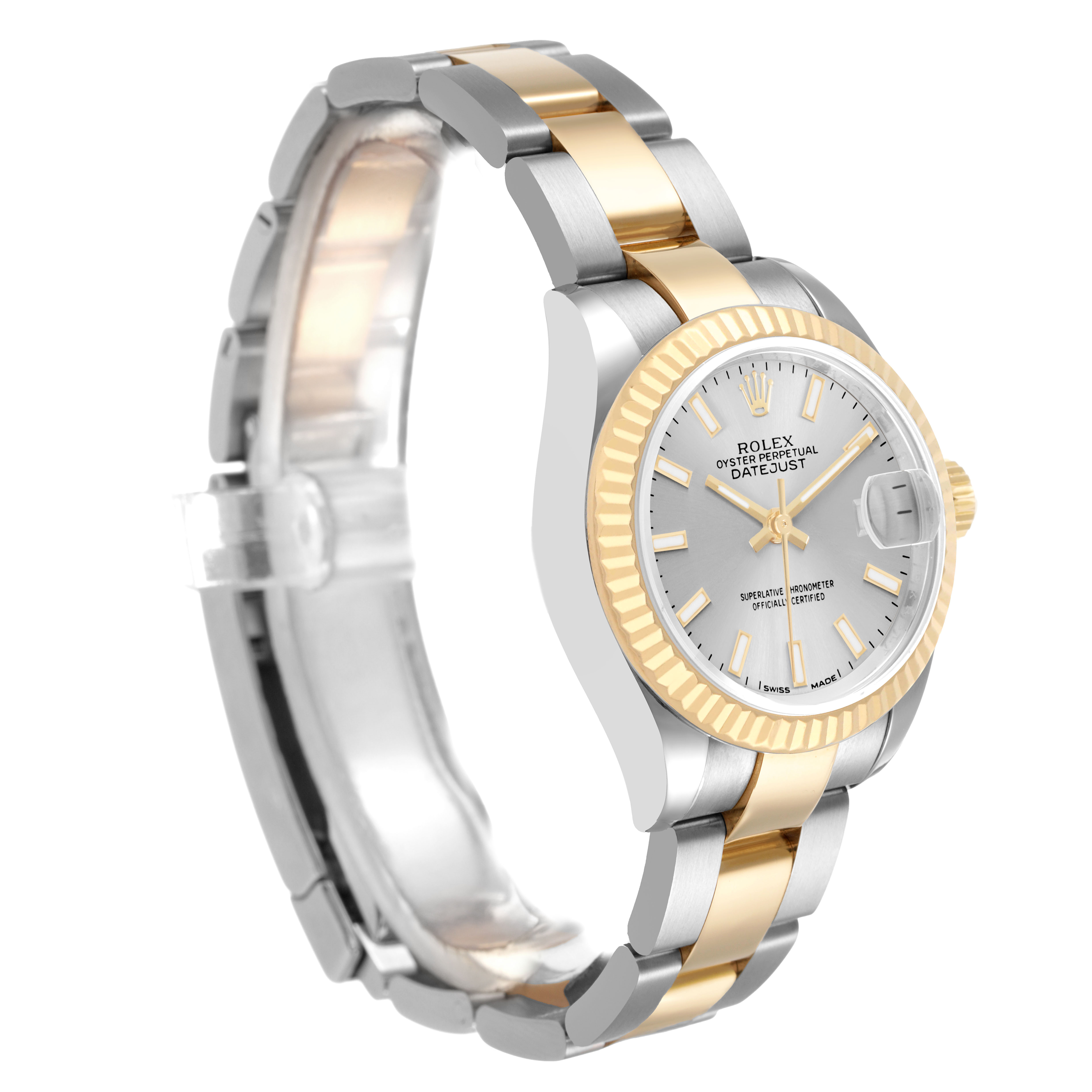 The Rolex Datejust 279173 Women's Steel and Gold (two tone) Silver Dial watch is shown from a front angle, highlighting its two-tone bracelet, fluted bezel, and silver dial.