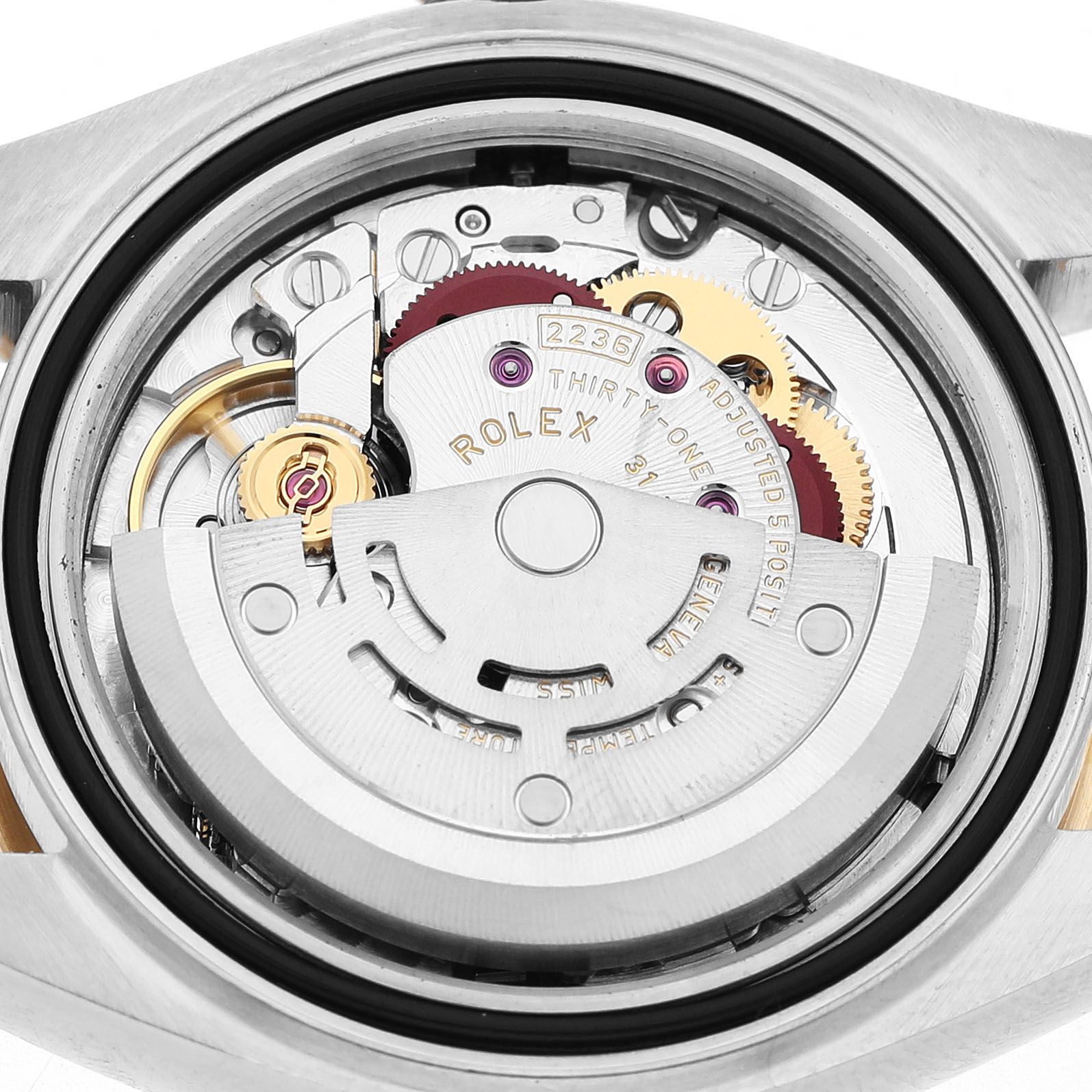The image shows the movement mechanism inside a Rolex Datejust 279173 Women's Steel and Gold (two tone) Silver Dial watch from a top-down angle.