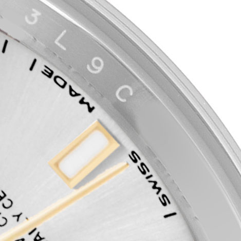 The image shows a close-up of the Rolex Datejust 279173 Women's Steel and Gold (two tone) Silver Dial watch's dial, including part of the bezel and hour markers.