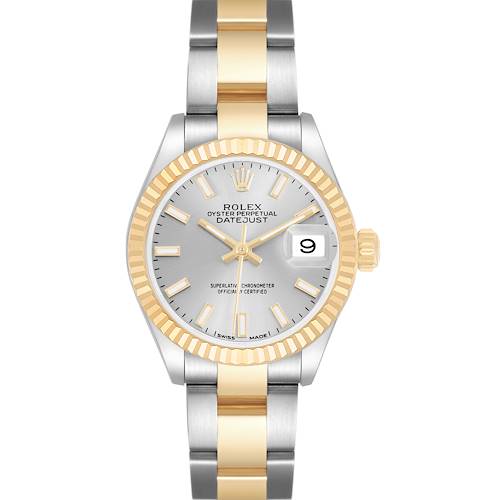 The Rolex Datejust 279173 Women's Steel and Gold (two tone) Silver Dial watch is shown from a front view, displaying the dial, bezel, and bracelet.