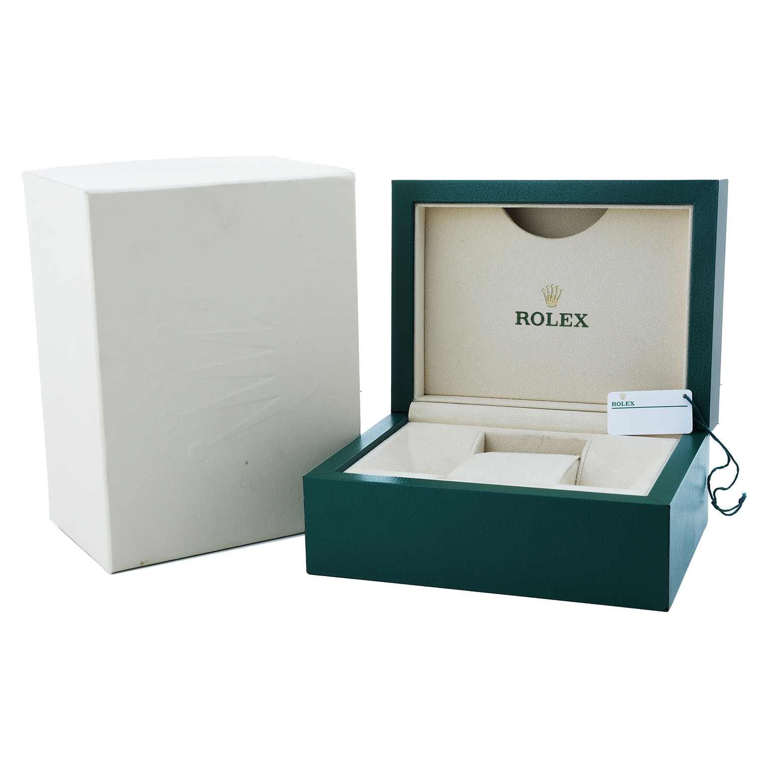 The image shows a Rolex Datejust 279173 Women's Steel and Gold (two tone) Silver Dial watch box, open, displaying the interior and accessories like tags.