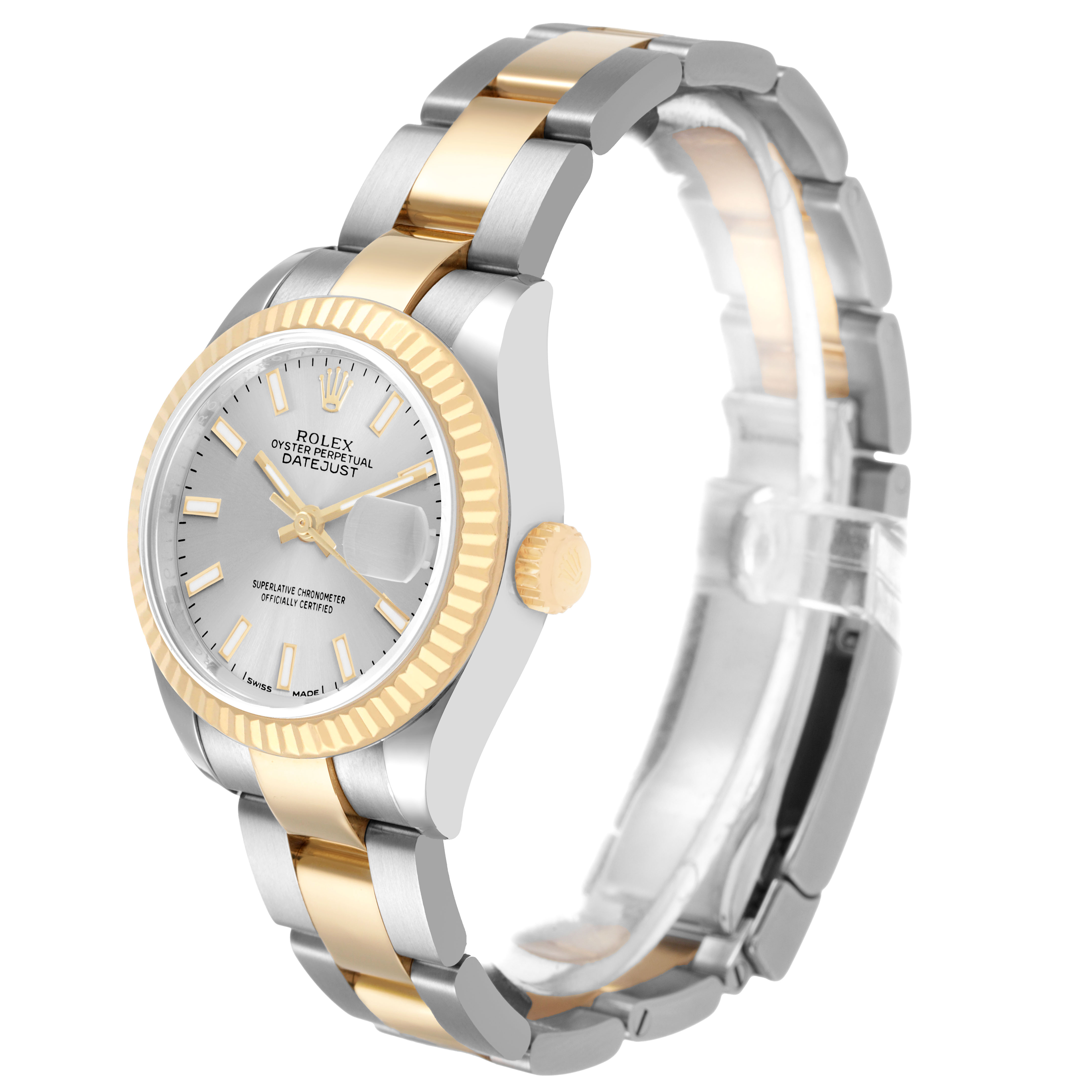 The Rolex Datejust 279173 Women's Steel and Gold (two tone) Silver Dial is shown at a side angle, highlighting the gold fluted bezel, crown, and two-tone bracelet.