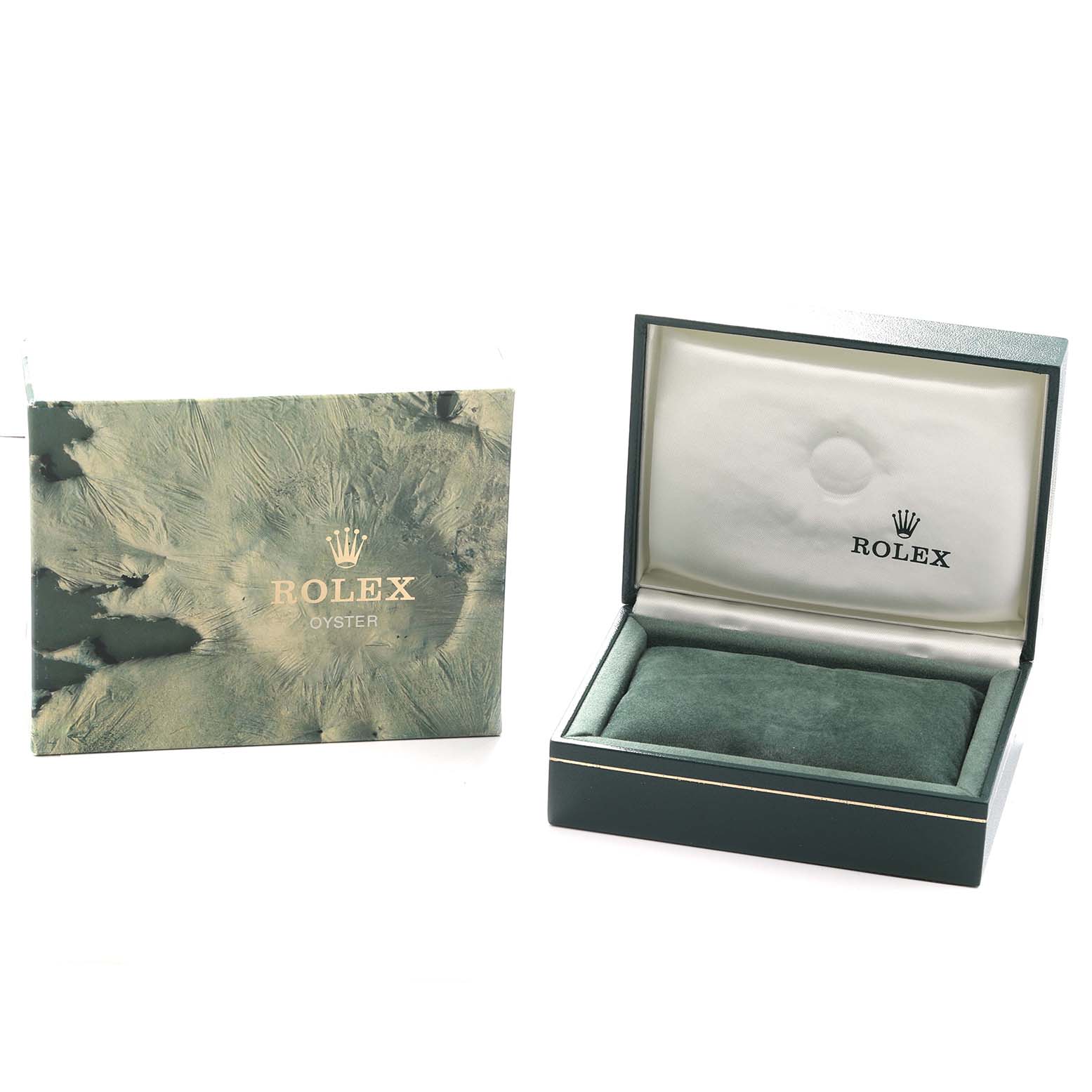 The image shows a Rolex watch box and outer packaging for a Mid-Size model, with the lid open, revealing the cushion inside.