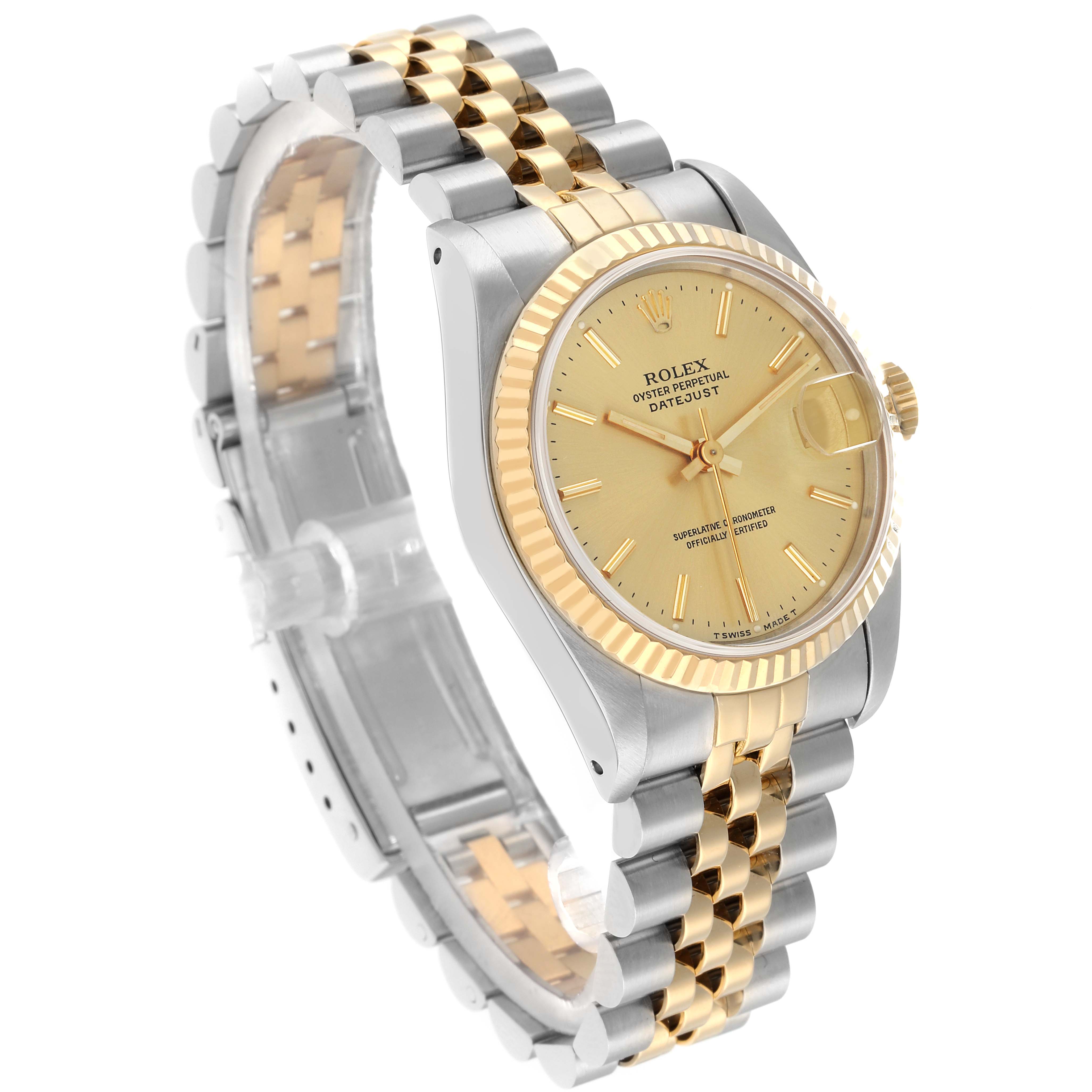 The Rolex Mid-Size 68273 Women
s Steel and Gold (two tone) Champagne Dial Datejust watch is shown at a three-quarter angle highlighting the dial, bracelet, and fluted bezel.