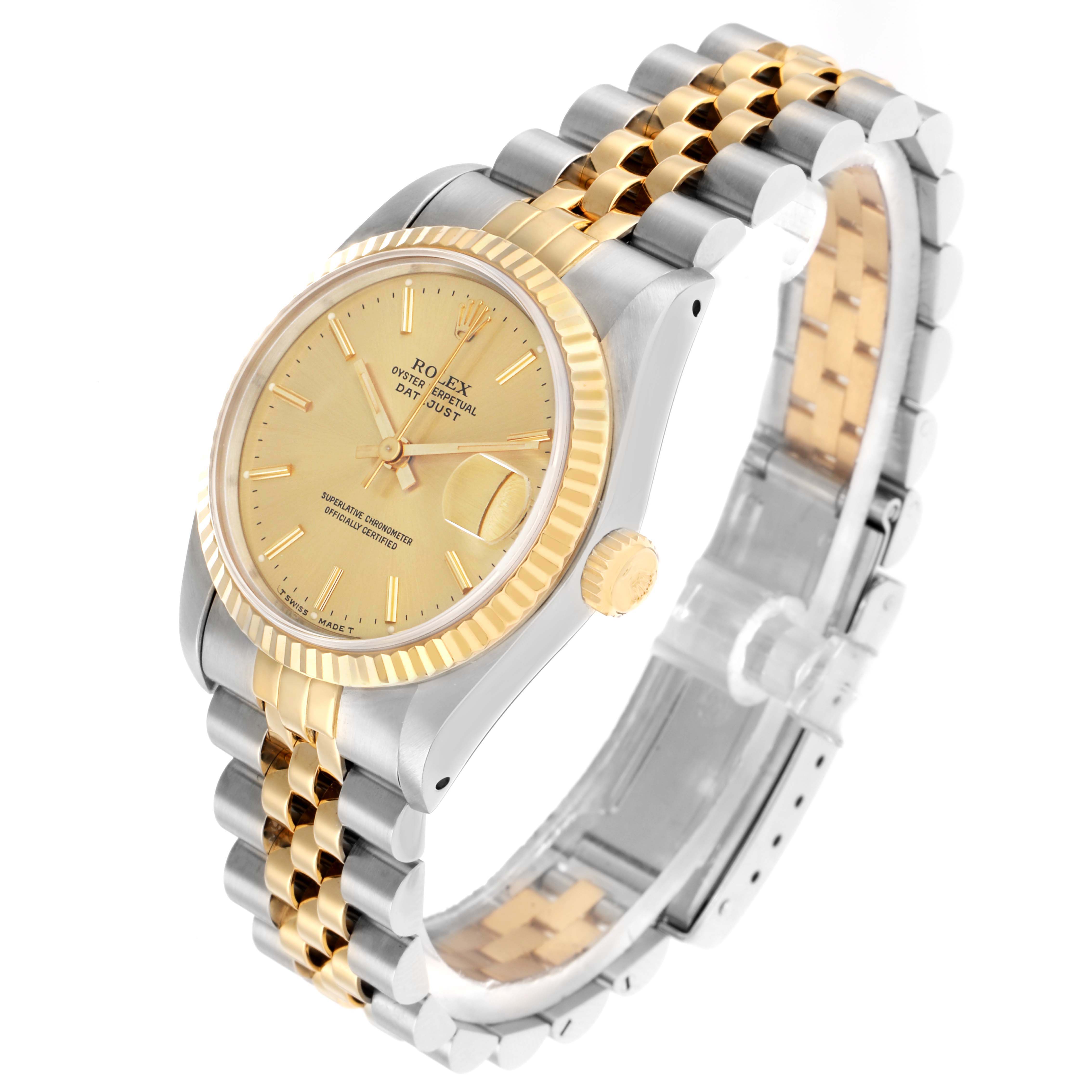 The Rolex Mid-Size 68273 Women
s Steel and Gold (two tone) Champagne Dial watch is shown at an angled side view, highlighting the dial, bezel, and bi-metal bracelet.