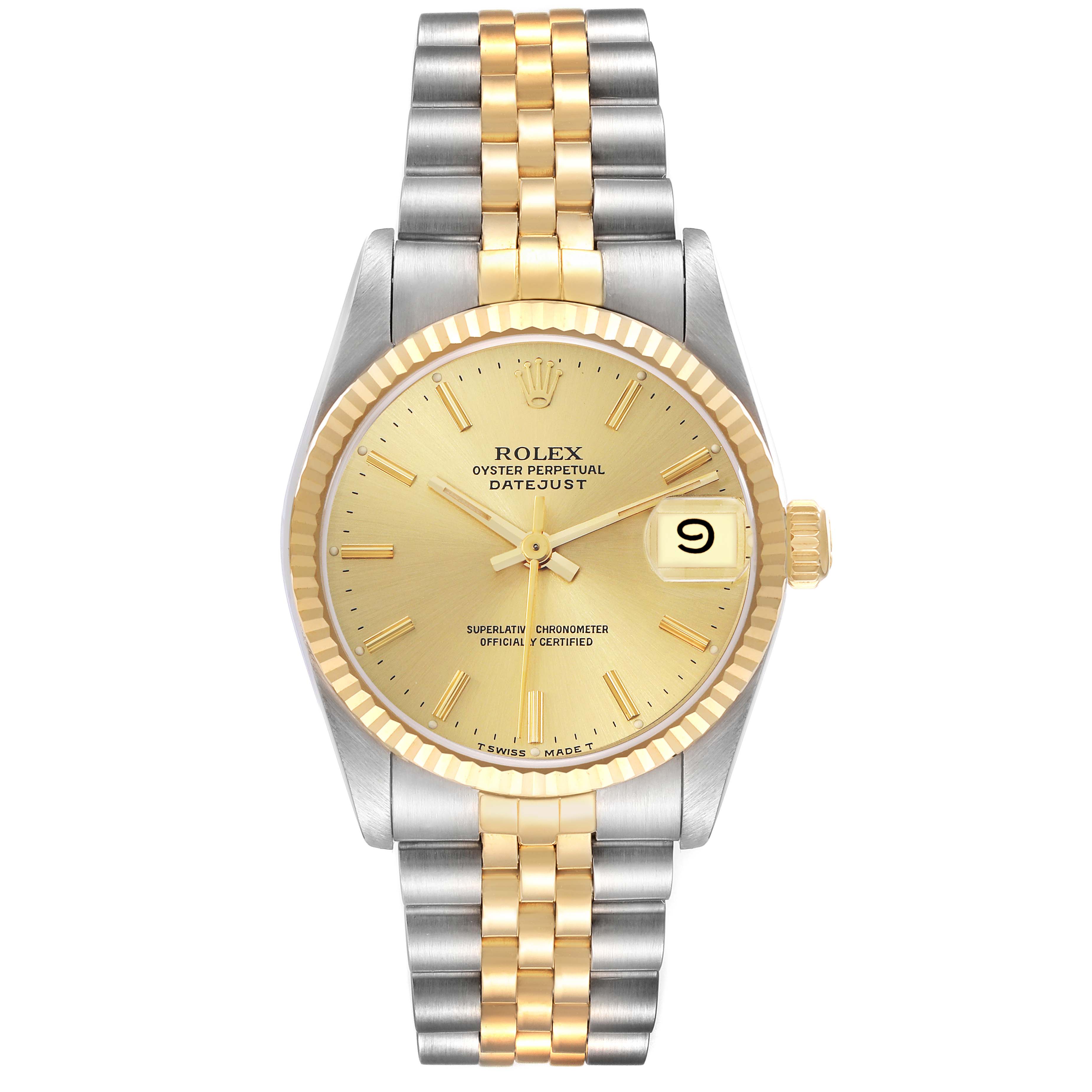 This Rolex Datejust Mid-Size is shown from a top view, highlighting its gold dial and two-tone bracelet.