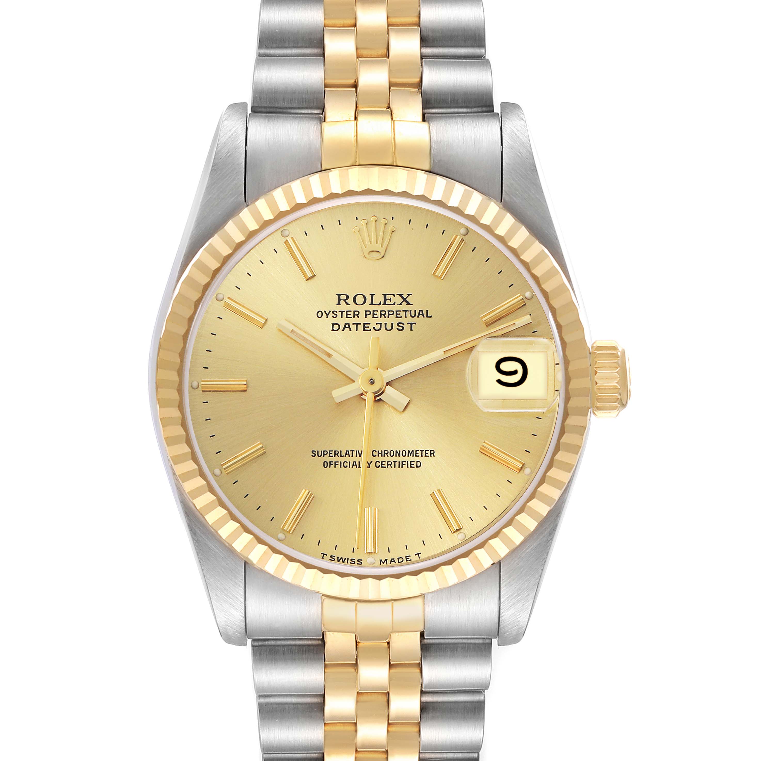 The Rolex Datejust Mid-Size watch is shown from the front, displaying its gold and silver case, dial, bezel, and bracelet.