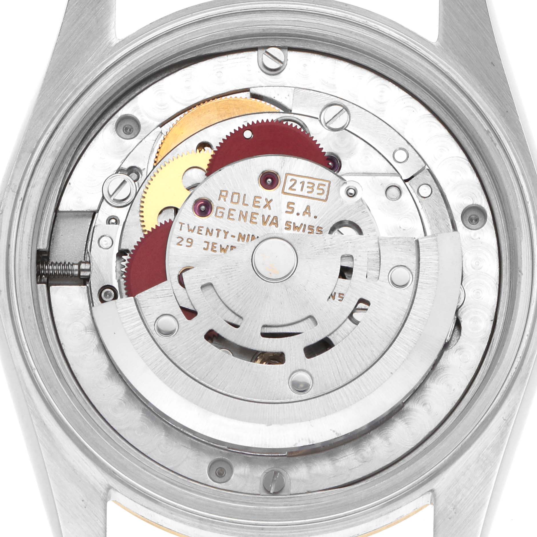 The image shows the back view of a Rolex Mid-Size 68273 Women
s Steel and Gold (two tone) Champagne Dial watch, focusing on the movement and internal mechanisms.