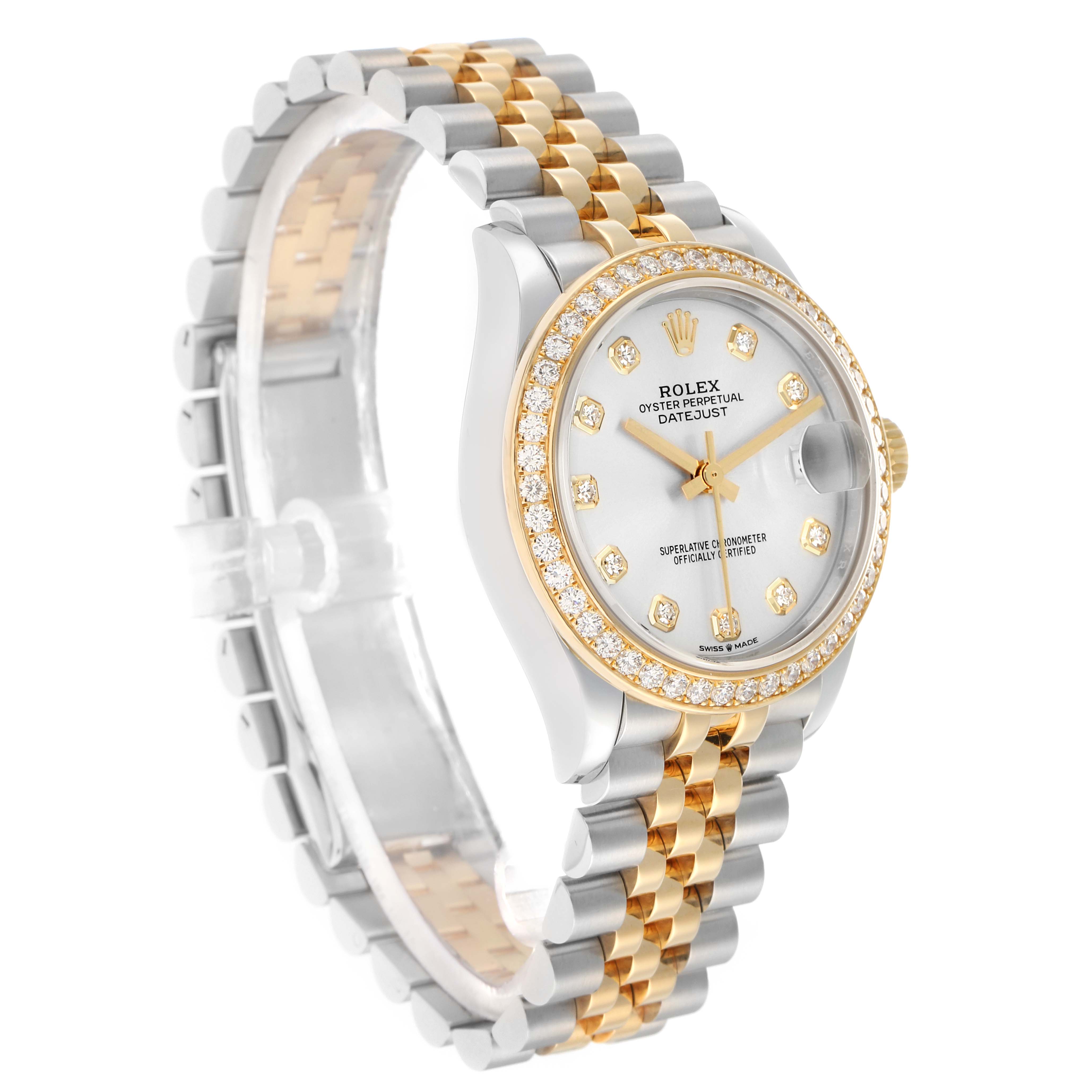 The Rolex Mid-Size 278383 Women
s Steel and Gold (two tone) Silver Dial watch is shown at a slight side angle, displaying the face, bezel, and part of the bracelet.