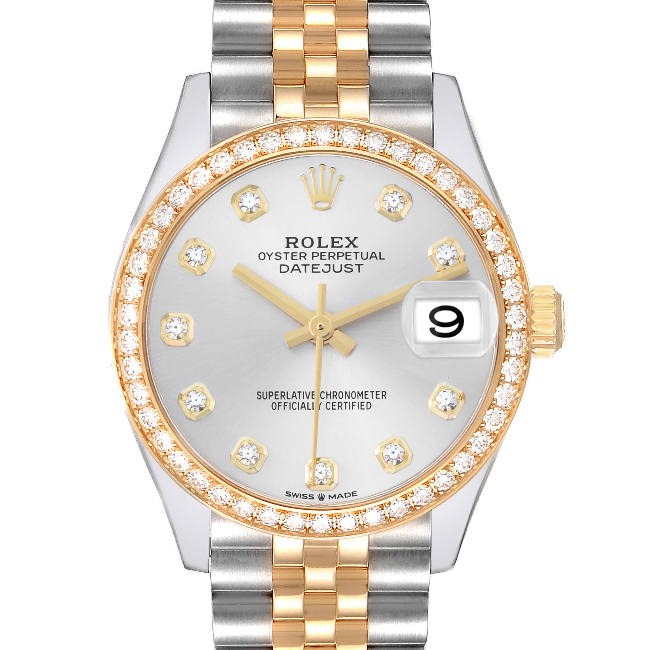 The Rolex Mid-Size 278383 Women
s Steel and Gold (two tone) Silver Dial watch is shown from the front, displaying the dial, bezel, crown, and part of the bracelet.