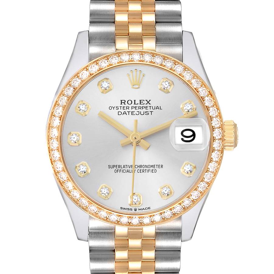 The Rolex Mid-Size 278383 Women's Steel and Gold (two tone) Silver Dial watch is shown from the front, displaying the dial, bezel, crown, and part of the bracelet.