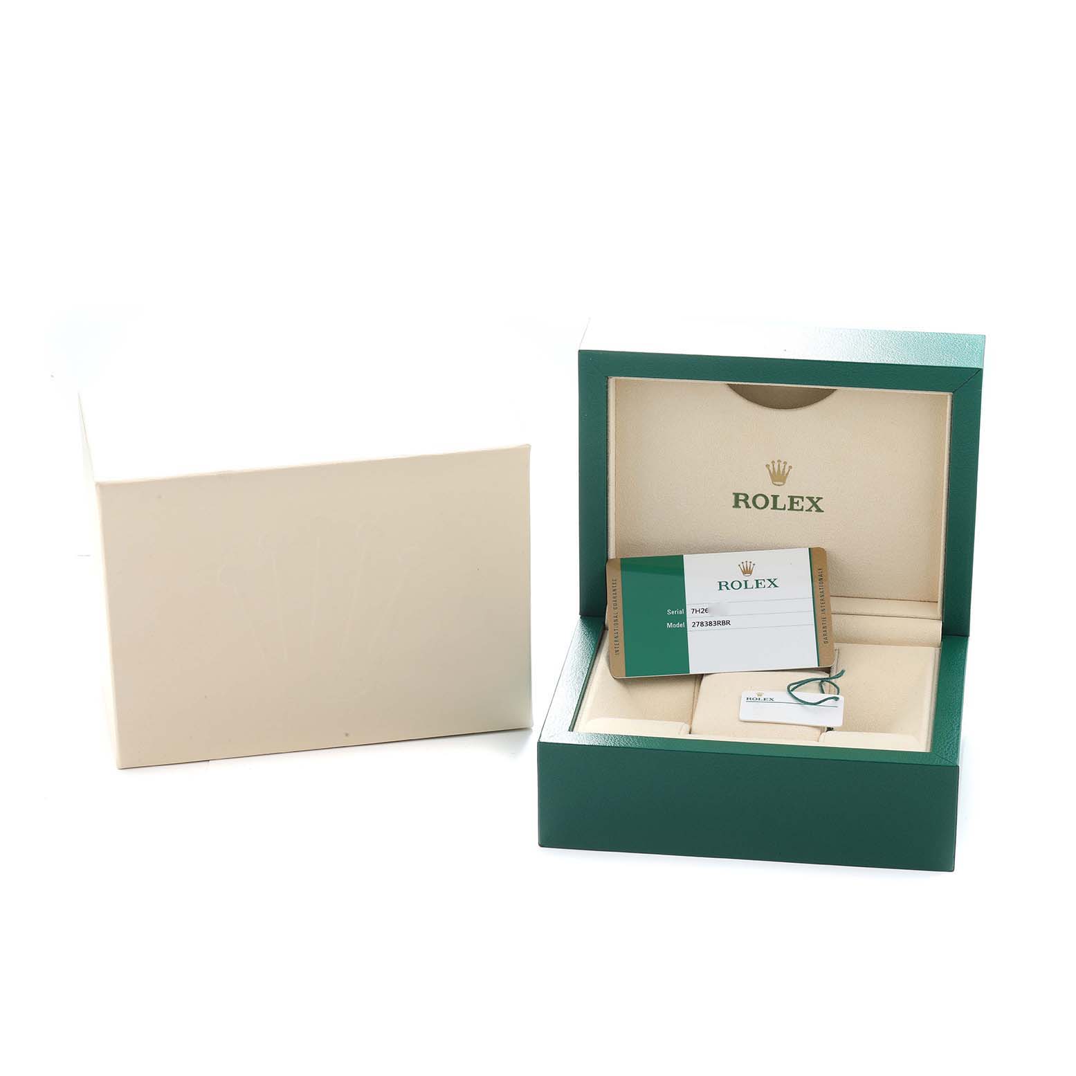 The Rolex Mid-Size 278383 Women
s Steel and Gold (two tone) Silver Dial model
s open green watch box is shown, with papers and a tag inside.