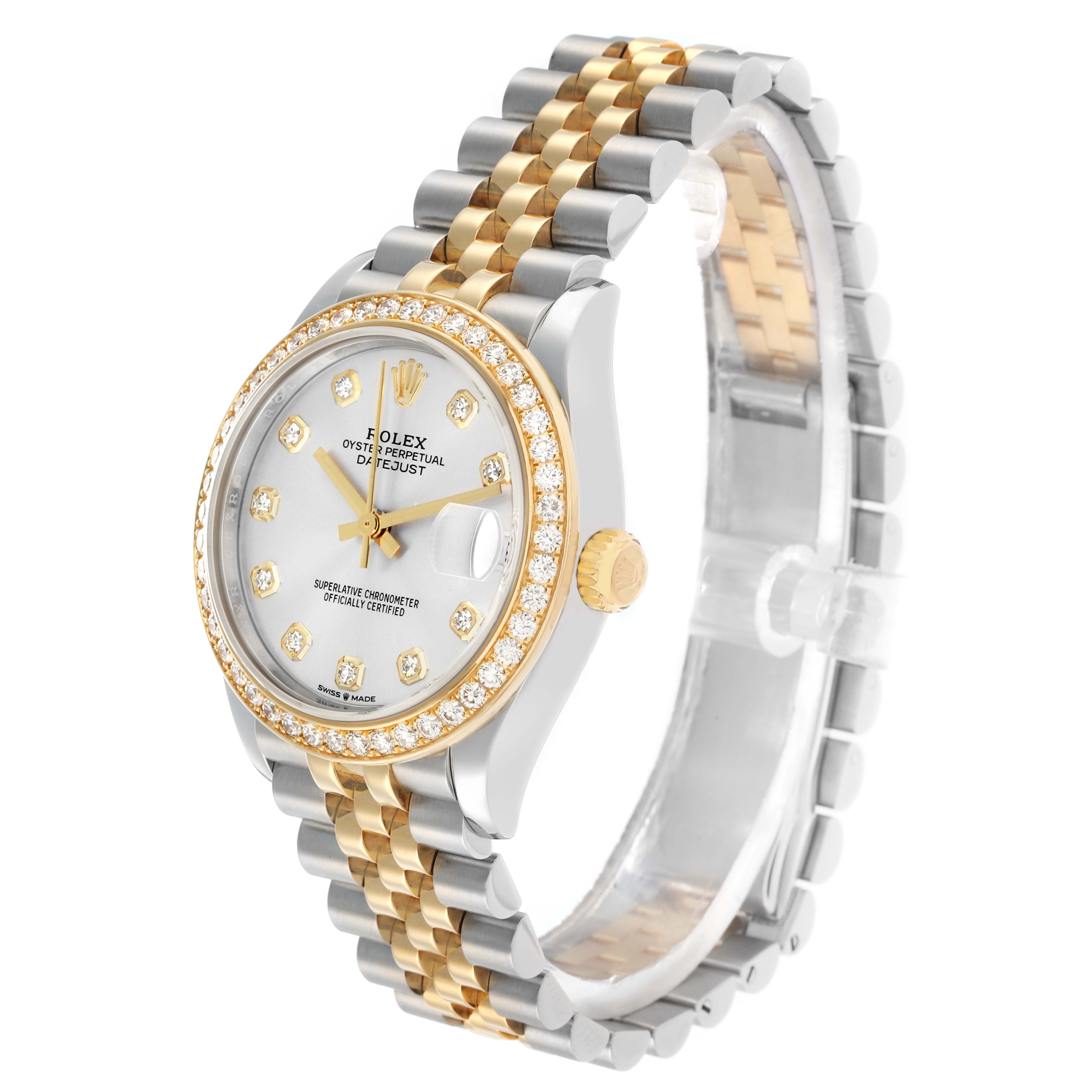 The Rolex Mid-Size 278383 Women
s Steel and Gold (two tone) Silver Dial watch is shown at a three-quarter angle, displaying the dial, bezel, crown, and bracelet.