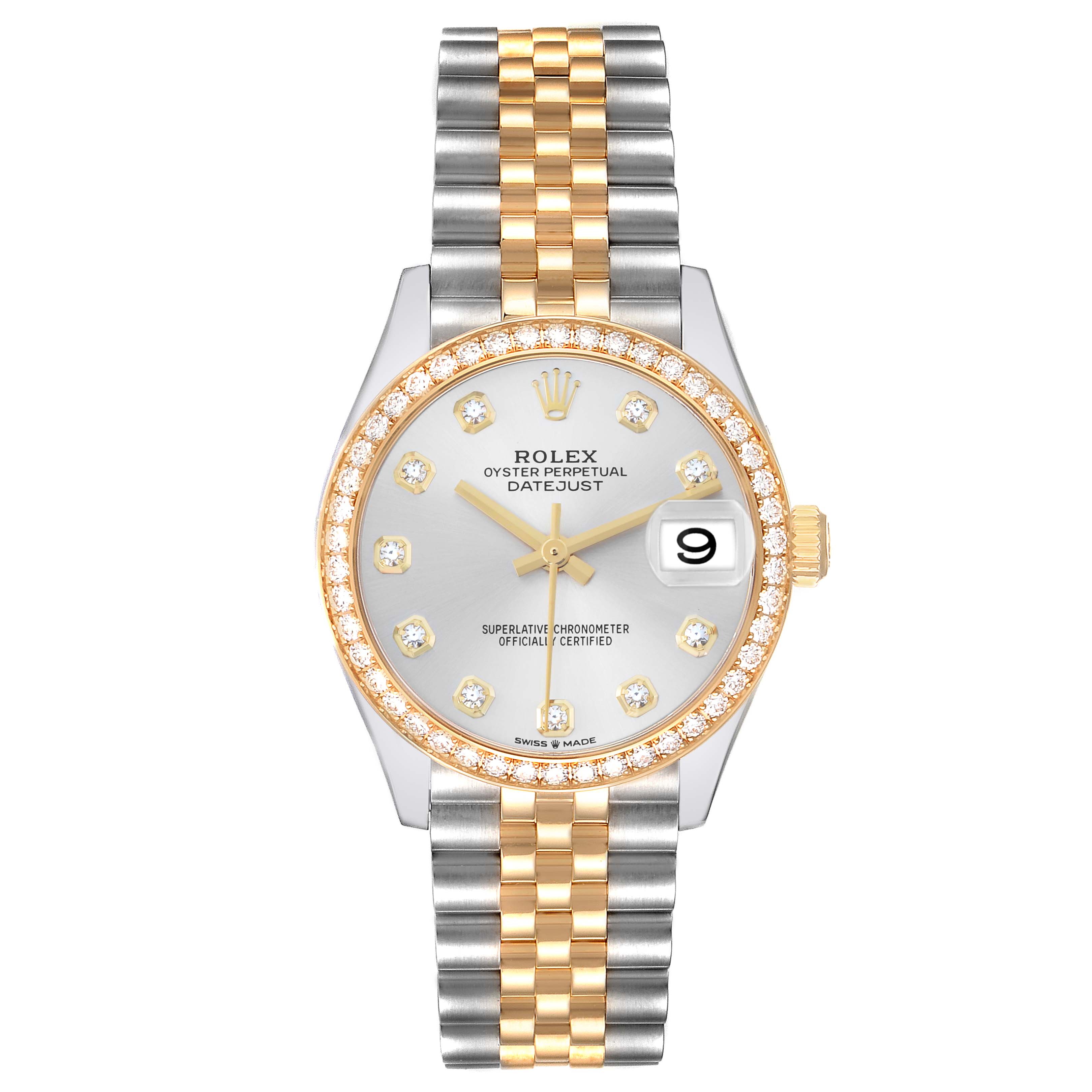 The Rolex Mid-Size 278383 Women
s Steel and Gold (two tone) Silver Dial Datejust is shown from a top view, displaying its two-tone bracelet, diamond bezel, and date window.
