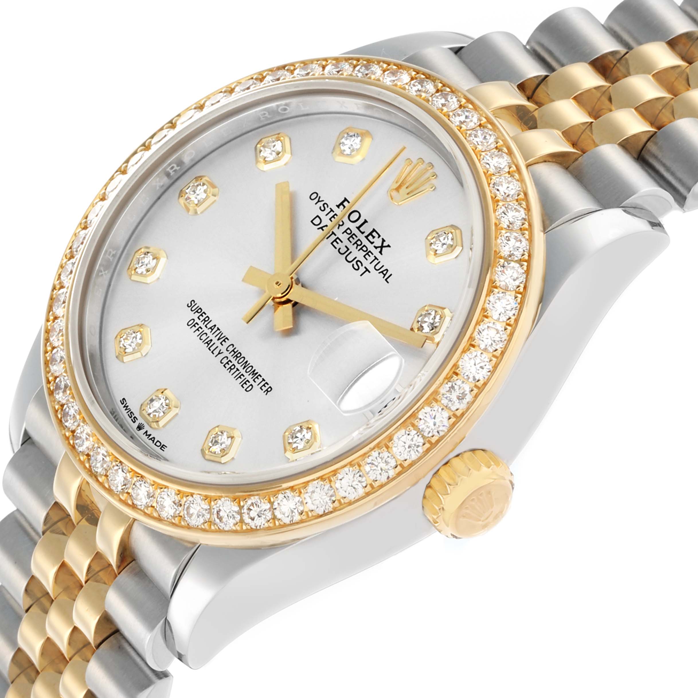 The Rolex Mid-Size 278383 Women
s Steel and Gold (two tone) Silver Dial watch is shown from a slightly angled side view, highlighting the dial, bezel, crown, and part of the bracelet.