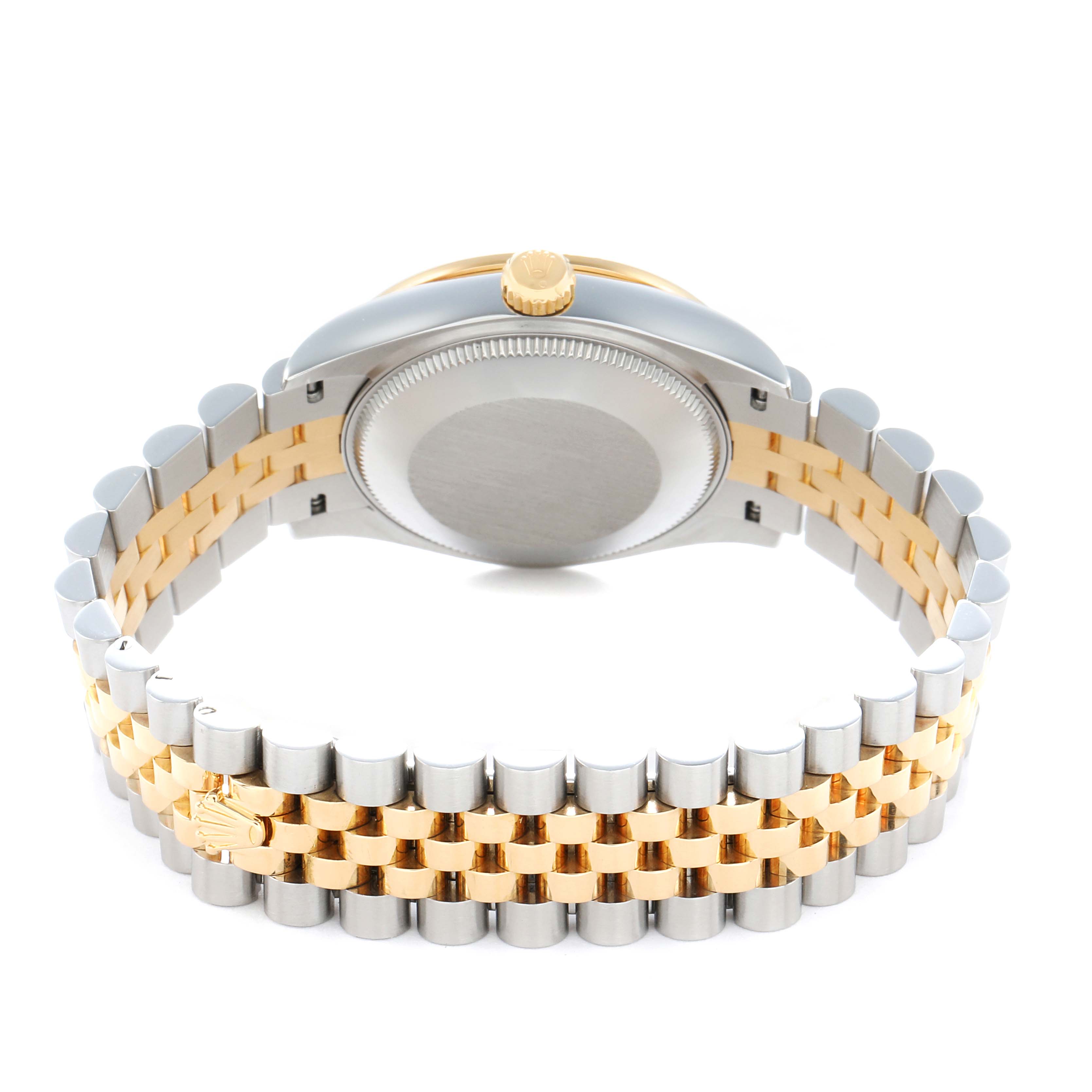 The image shows the back of a Rolex Mid-Size 278383 Women
s Steel and Gold (two tone) Silver Dial watch with a two-tone bracelet and crown, focusing on the case back and bracelet detail.
