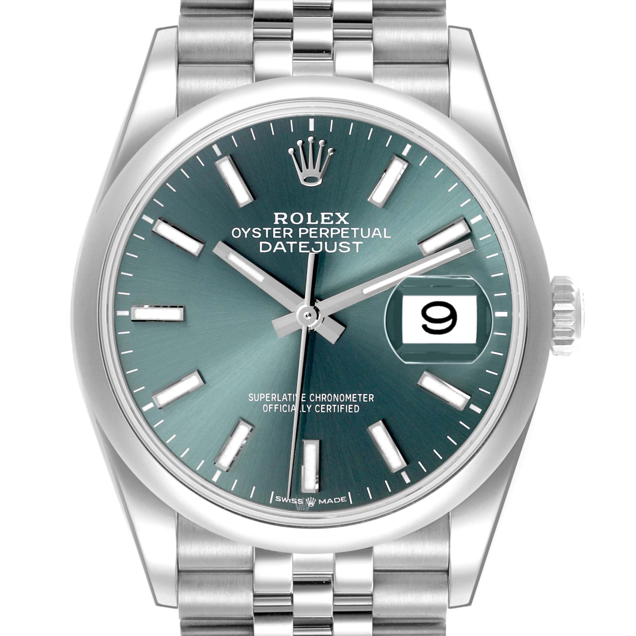 The image shows a front view of the Rolex Datejust 126200 Men's Stainless Steel Green Dial 126200 Men's Stainless Steel Green Dial watch, highlighting the dial, bezel, bracelet, and date window.
