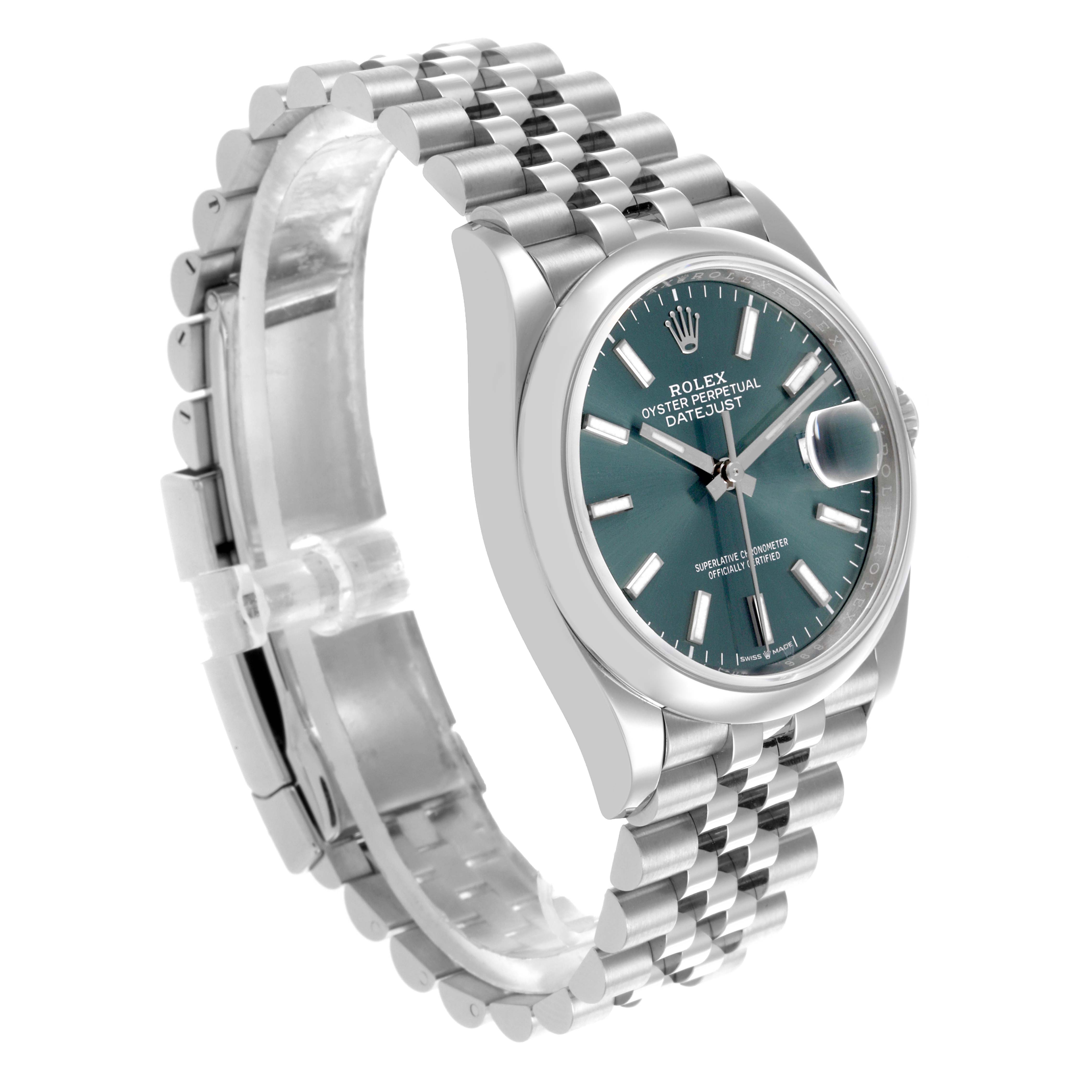 The Rolex Datejust 126200 Men's Stainless Steel Green Dial 126200 Men's Stainless Steel Green Dial watch is shown at an angled side view, displaying the dial, case, and part of the Jubilee bracelet.