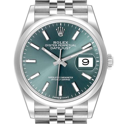 The Rolex Datejust watch is shown from the front, displaying its dial, hands, date window, and bracelet.