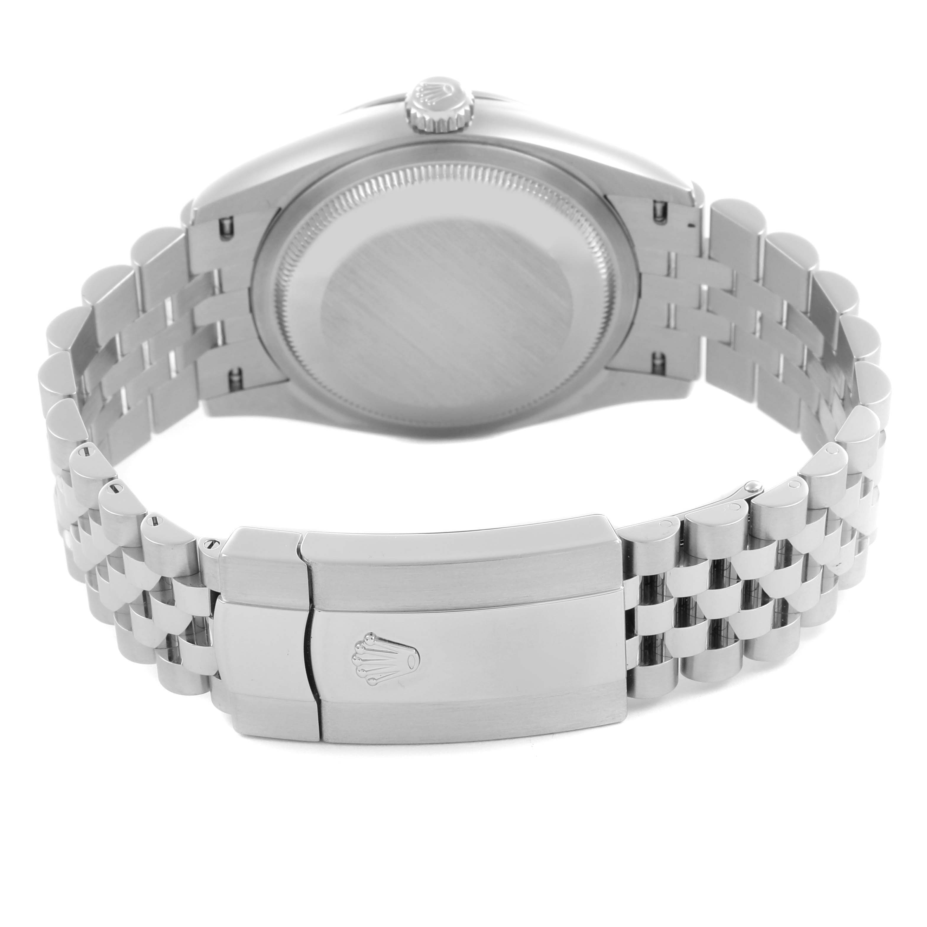 The Rolex Datejust 126200 Men's Stainless Steel Green Dial 126200 Men's Stainless Steel Green Dial is shown from the back, highlighting its case, crown, bracelet, and deploying clasp.