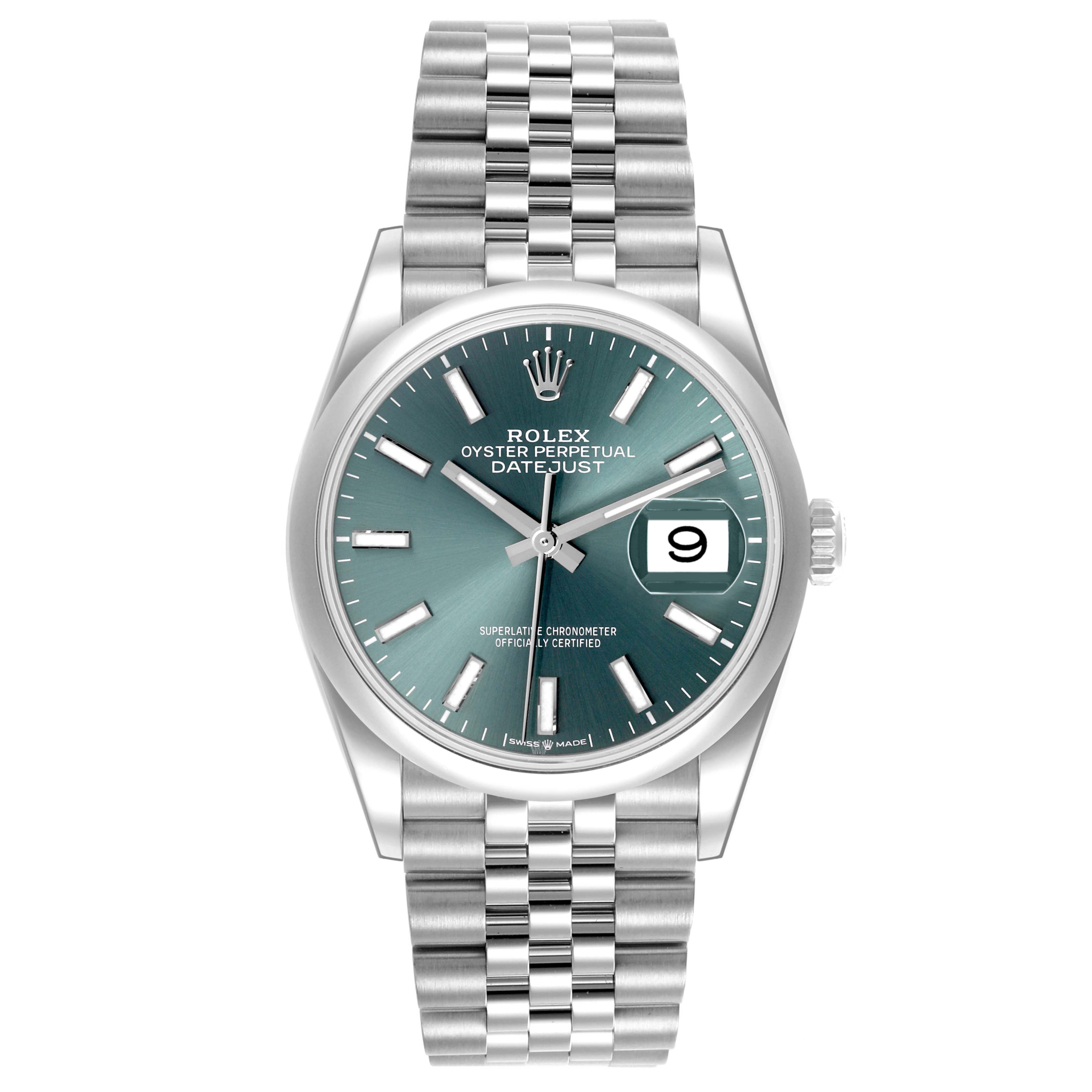 The Rolex Datejust 126200 Men's Stainless Steel Green Dial 126200 Men's Stainless Steel Green Dial watch is shown from the front, displaying the dial, case, crown, and bracelet.