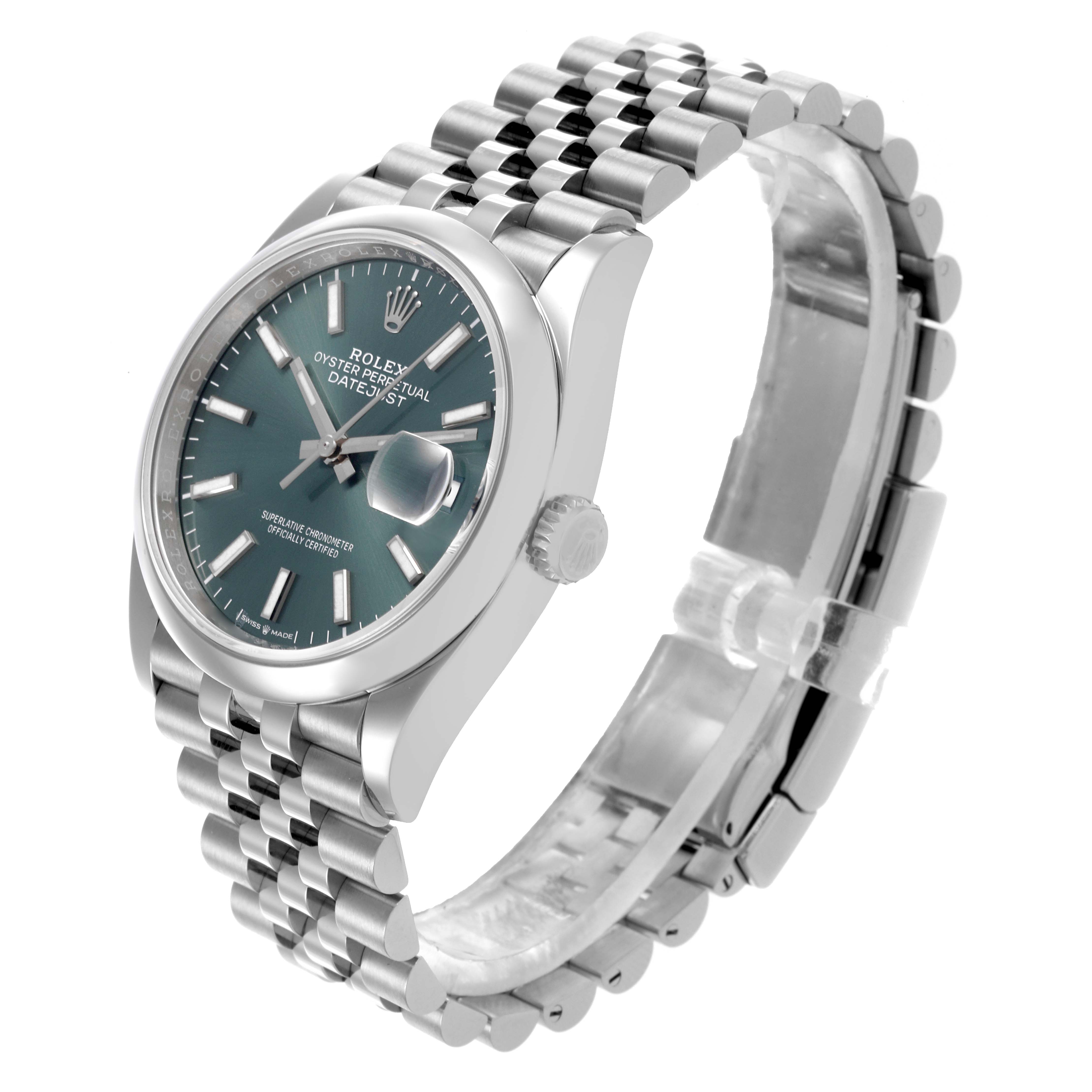 The Rolex Datejust 126200 Men's Stainless Steel Green Dial 126200 Men's Stainless Steel Green Dial is shown at a side angle, highlighting the watch face, bezel, and Jubilee bracelet.