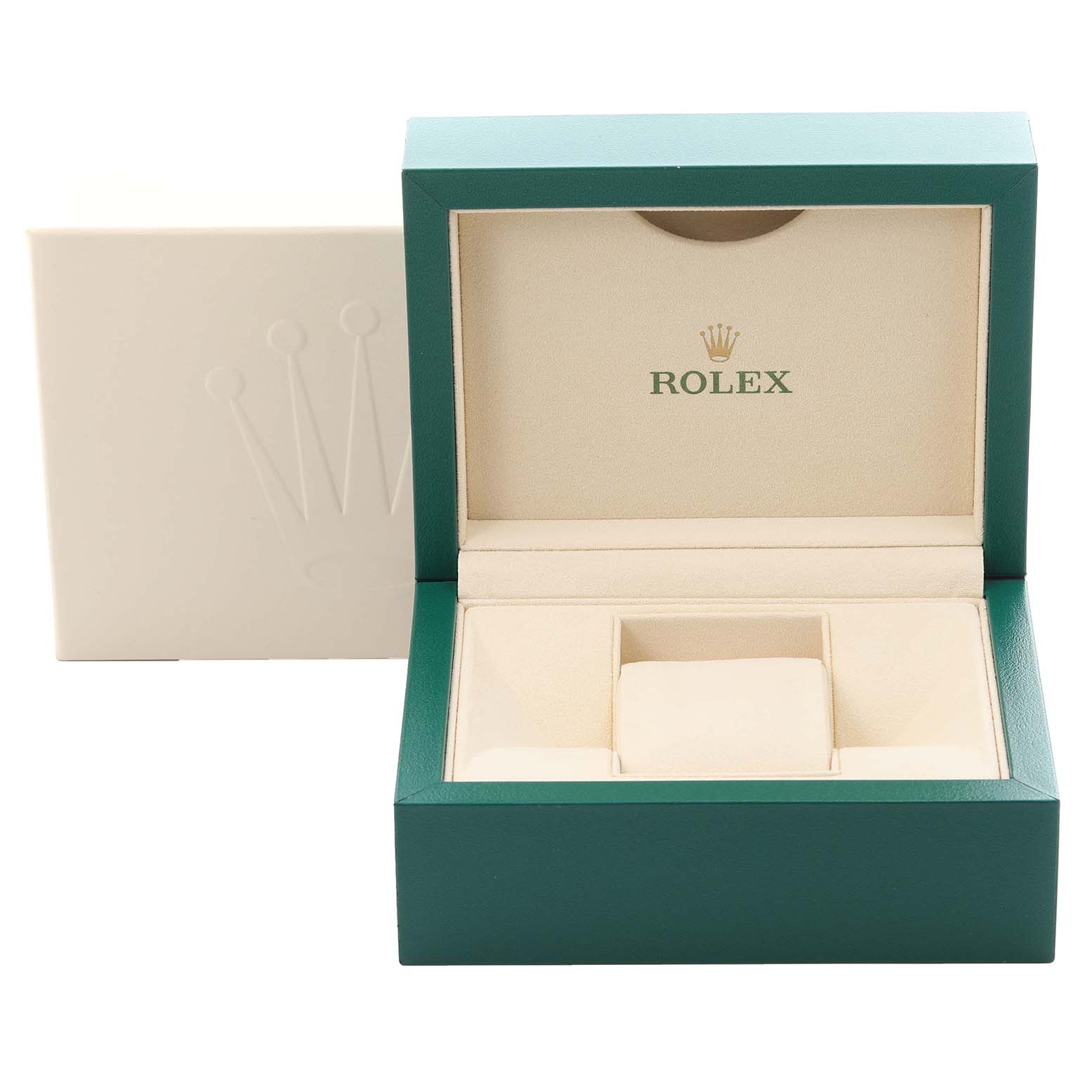 The image shows an open green and beige Rolex Datejust 126200 Men's Stainless Steel Green Dial 126200 Men's Stainless Steel Green Dial watch box with a cushion inside.