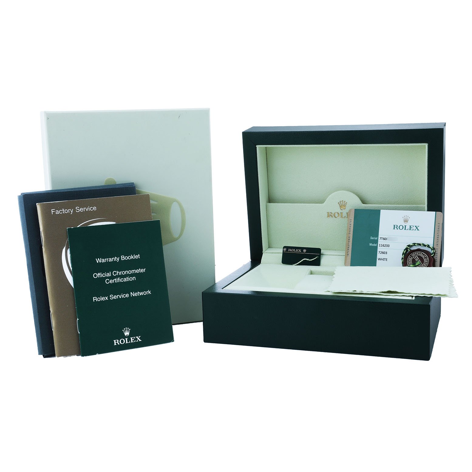The image shows a Rolex Datejust 116233 Men's Steel and Gold (two tone) White Dial box, booklets, warranty card, and accessories from a front angle.