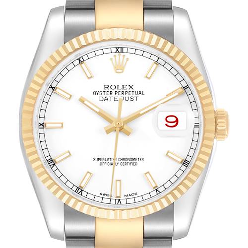 The Rolex Datejust 116233 Men's Steel and Gold (two tone) White Dial watch is shown from a front angle, displaying its face, fluted bezel, and crown details.