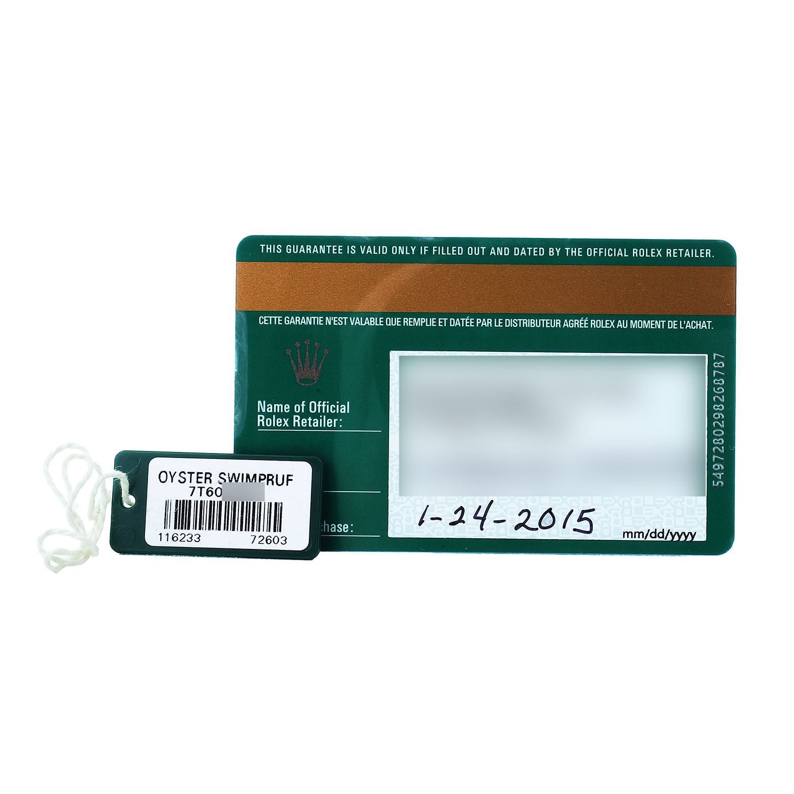 The image shows a Rolex warranty card and an Oyster Swimpruf tag for the Datejust model.