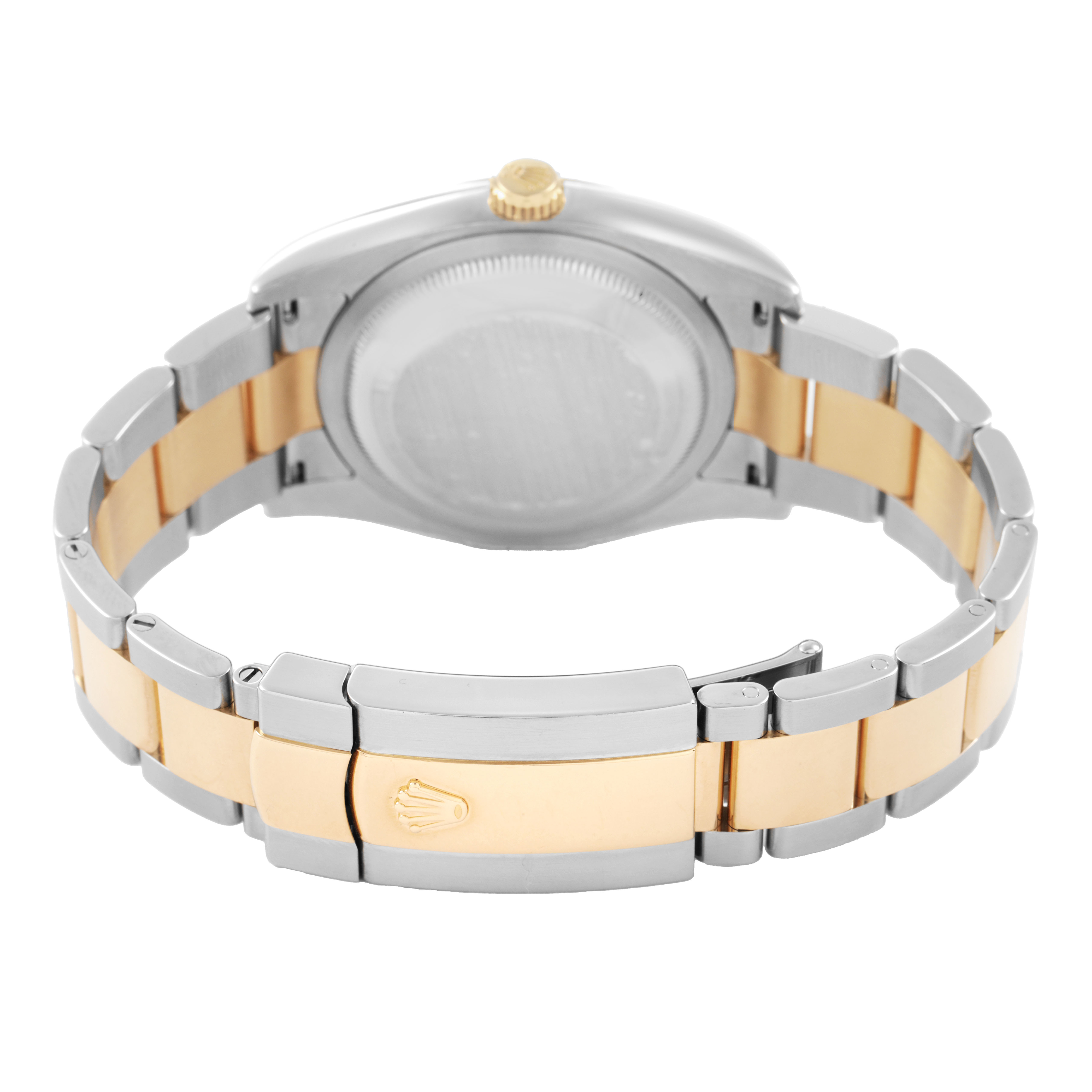 The image shows the back and band of a Rolex Datejust 116233 Men's Steel and Gold (two tone) White Dial, highlighting the clasp and bracelet in a blend of steel and gold.