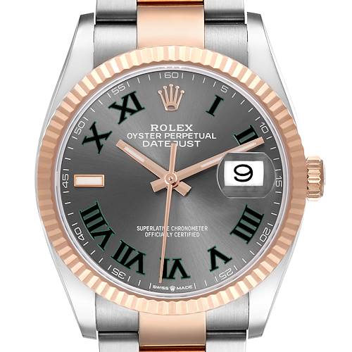 The image shows a front view of a Rolex Datejust watch, highlighting its face, bezel, crown, and part of the bracelet.